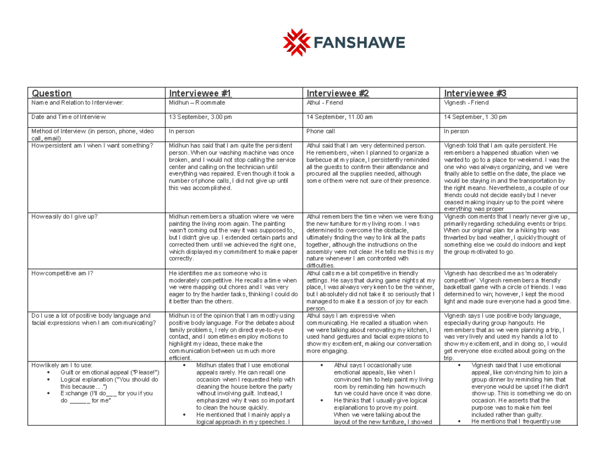 Negotiation Assignment - Question Interviewee #1 Interviewee #2 ...
