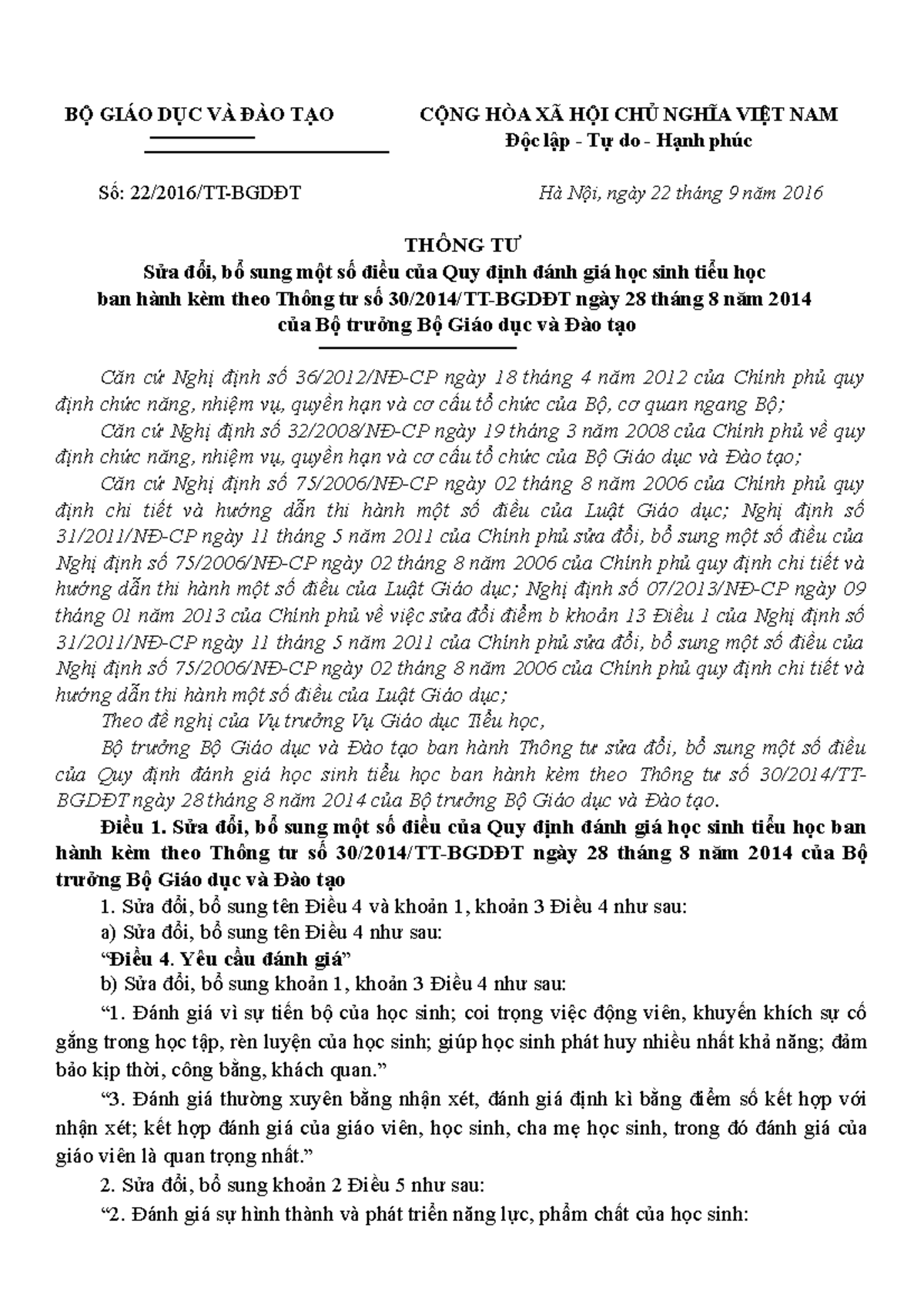 TT 22 2016 TT Bgddt Sdoi bo sung mot so dieu cua Qdinh dgia HS tieu hoc ...