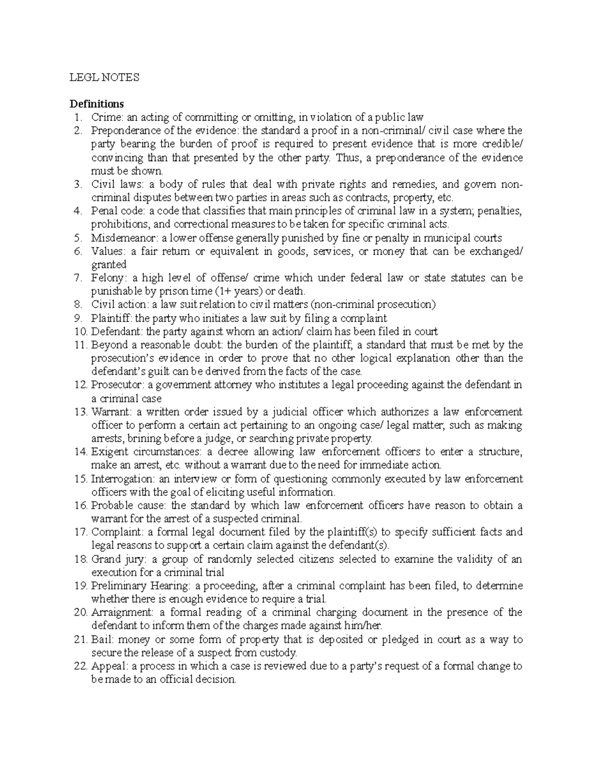 Legal Definitions - LEGL NOTES Definitions 1. Crime: an acting of ...