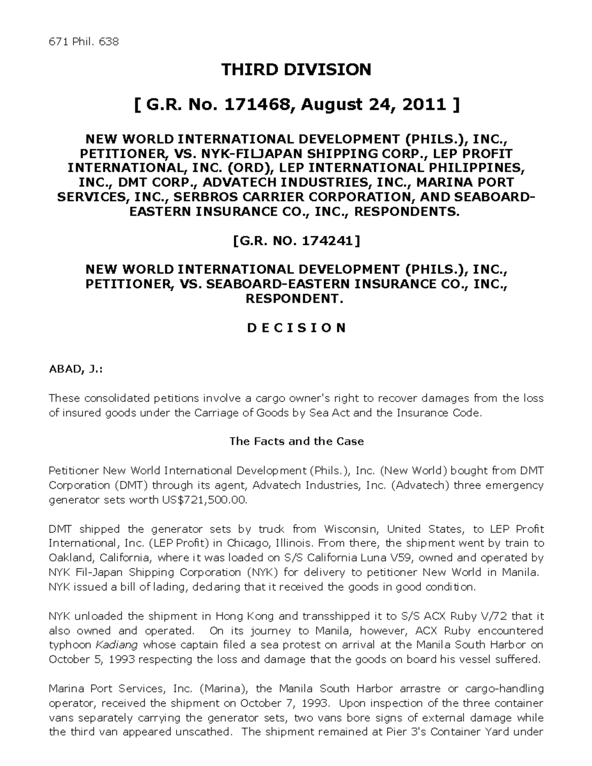 New World Int'l Development Phils., Inc. vs. NYK Filjapan Shipping