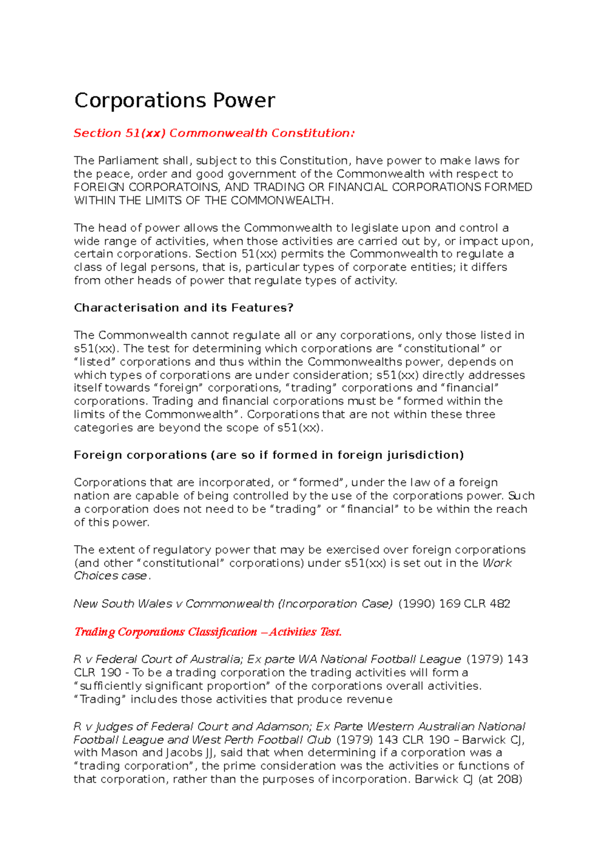 Corporations Power Notes - Corporations Power Section 51(xx ...
