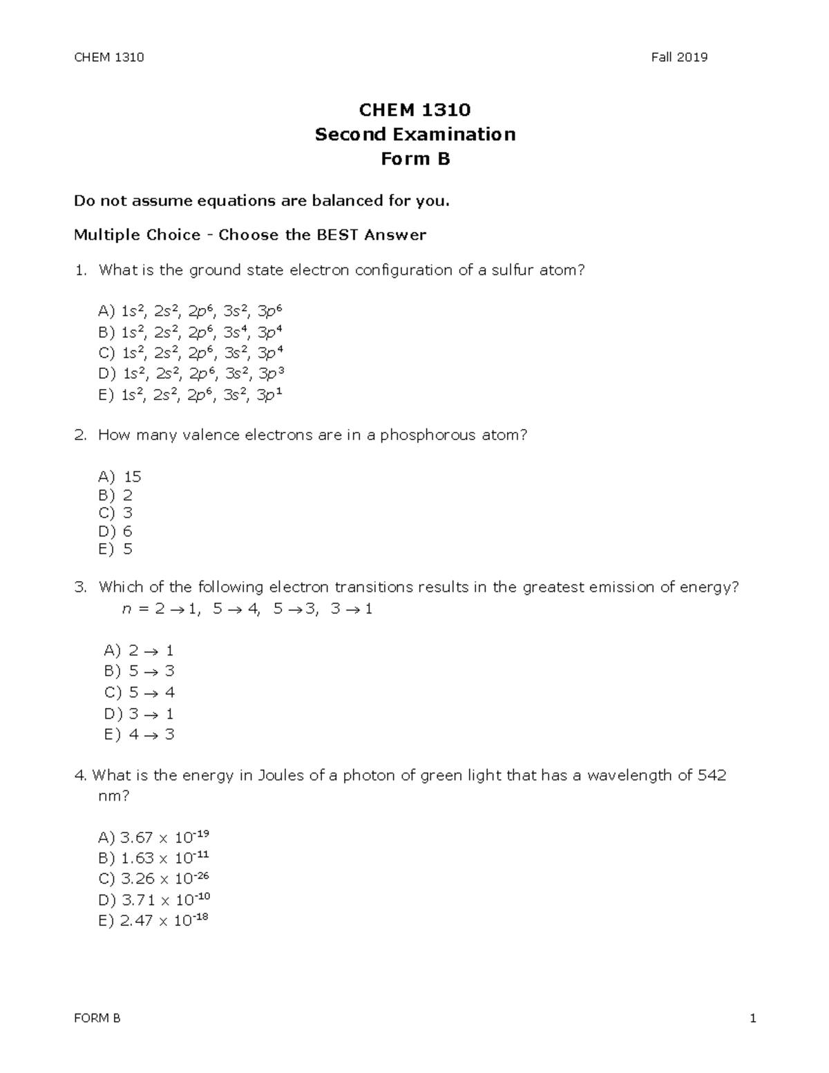 CHEM 1310 Exam 2 Form B - Practice Exam Questions - CHEM 1310 Second ...