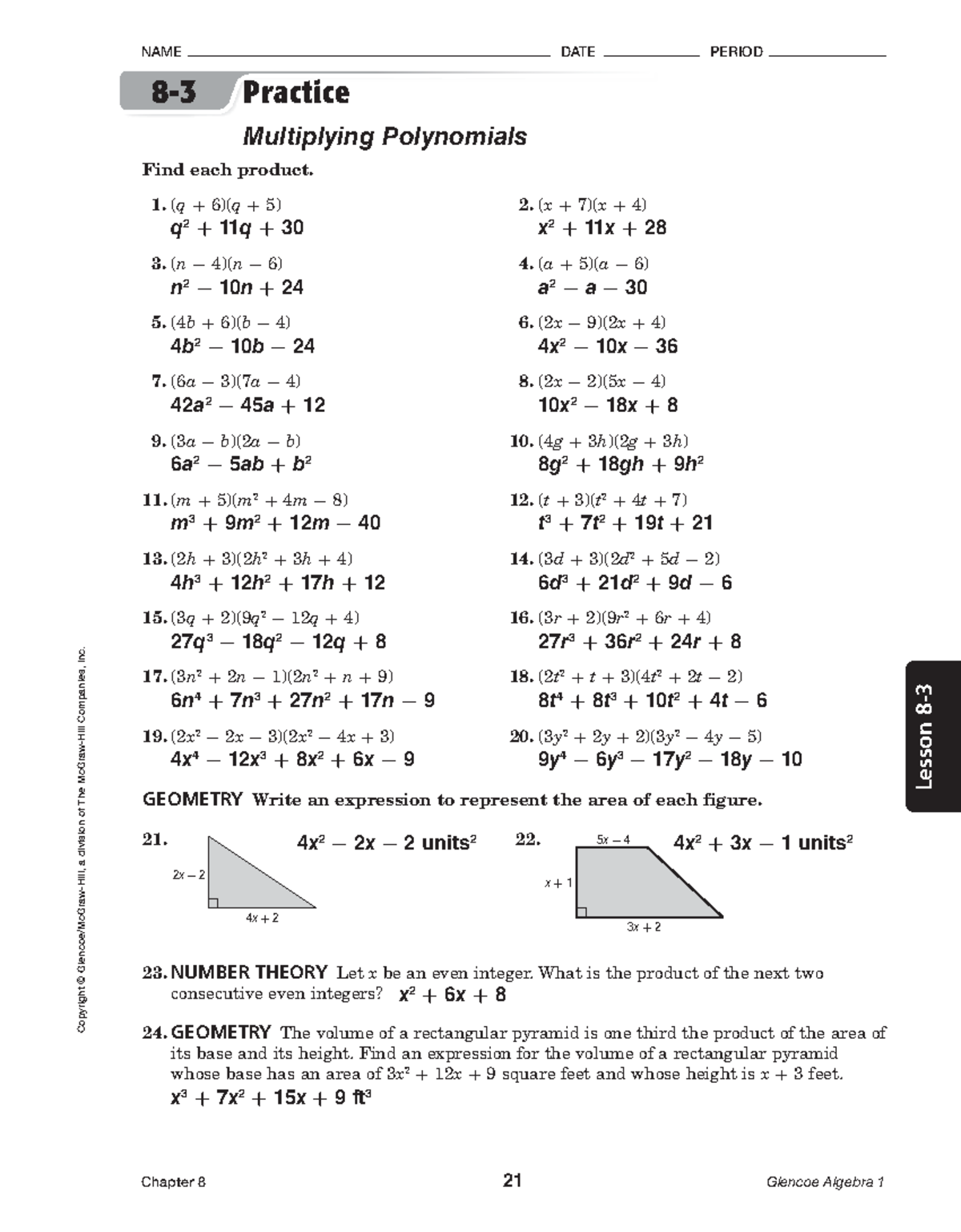 Multiplying Polynomials Key Copyright Glencoe Mcgraw Hill A Division Of The Mcgraw Hill