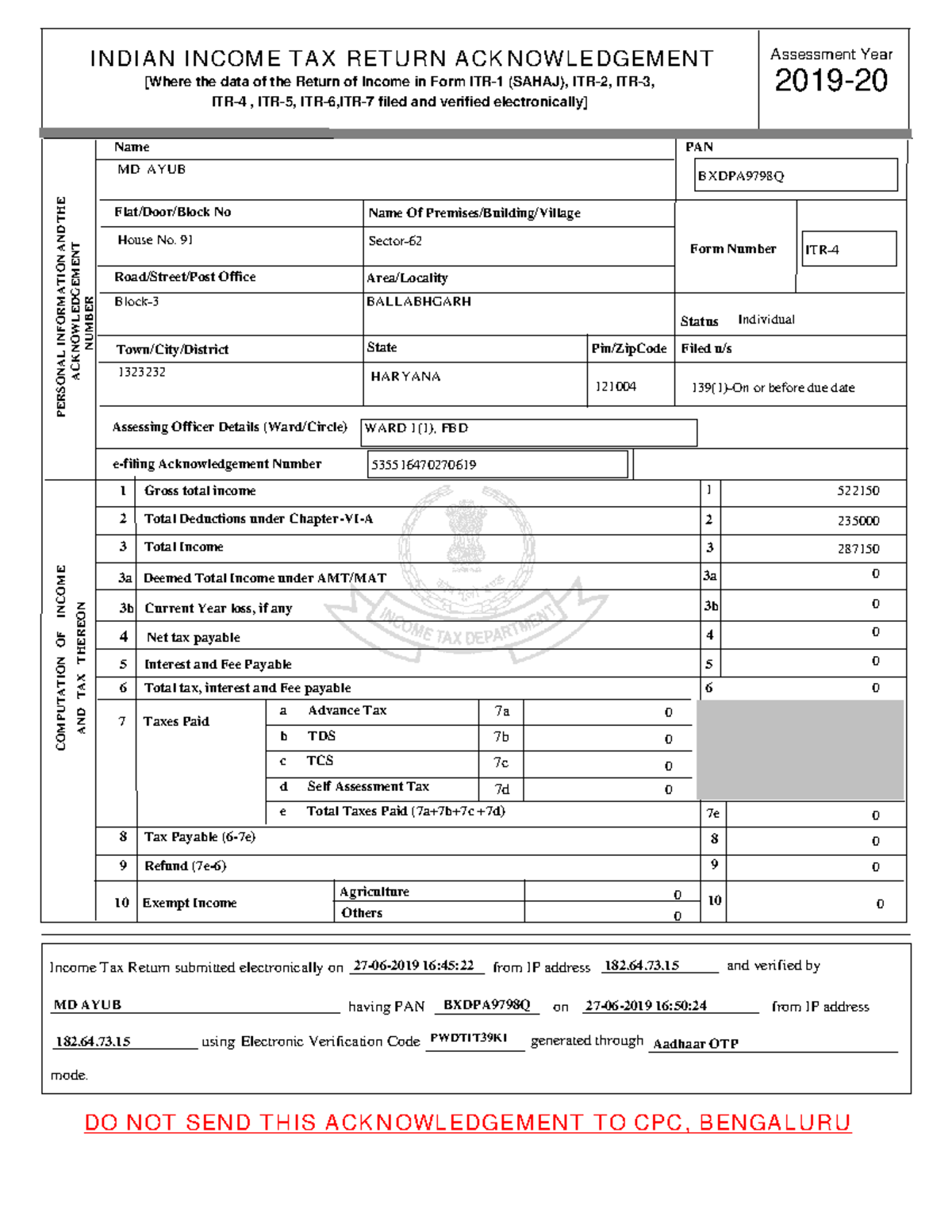 TAX Return Acknowledgement & Computation M D AYUB A.Y
