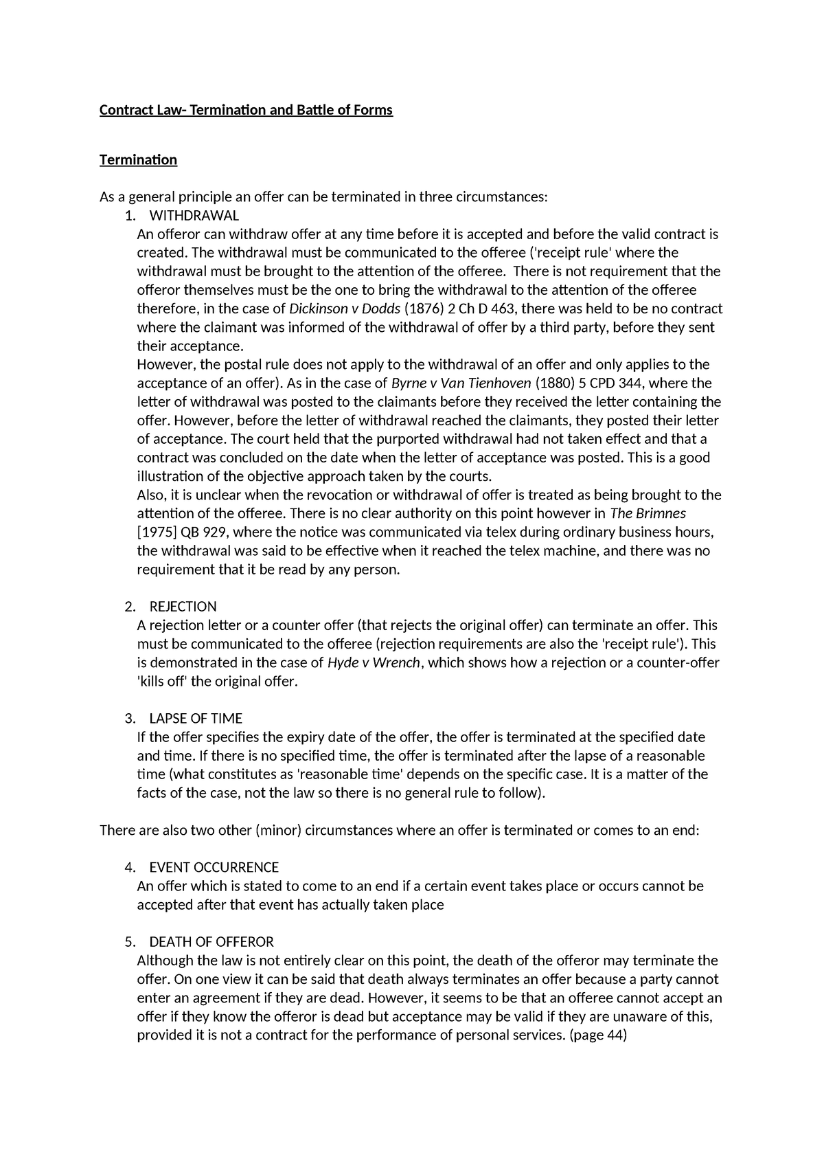 Contract Law- Termination and Battle of Forms - Contract Law ...