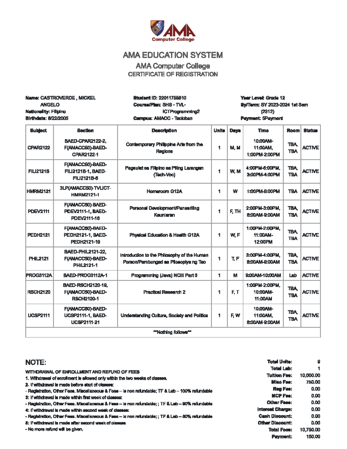 COR - Certificate of Registration - Empowerment Technology: ICT - Studocu