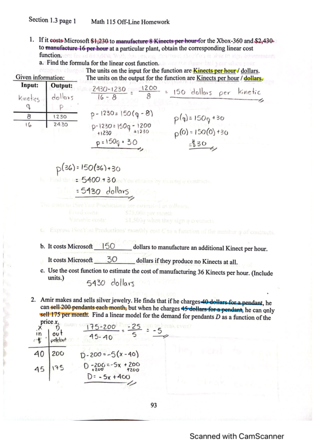 MATH 115 Off-Line Homework Section 1.3 Linear Functions and Models ...