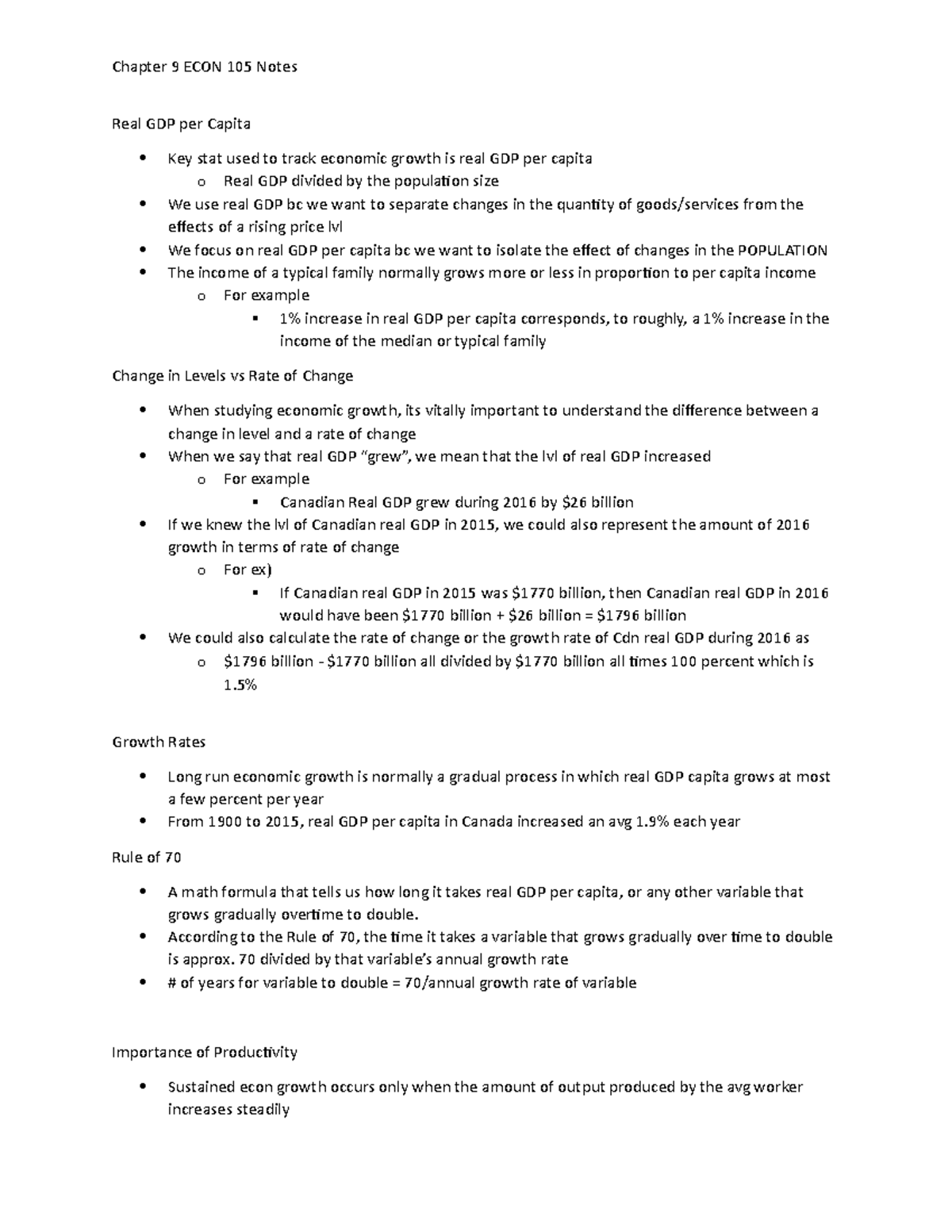 Chapter 9 Notes ECON 105 - Real GDP per Capita Key stat used to track ...