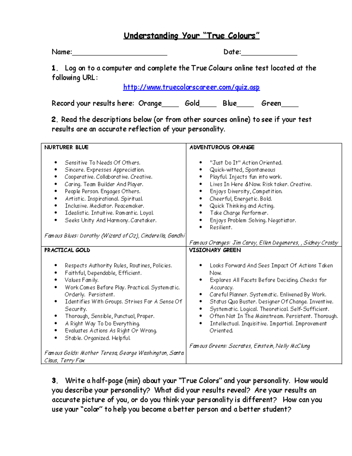 True Colours Student Sheet - Understanding Your “True Colours” Name