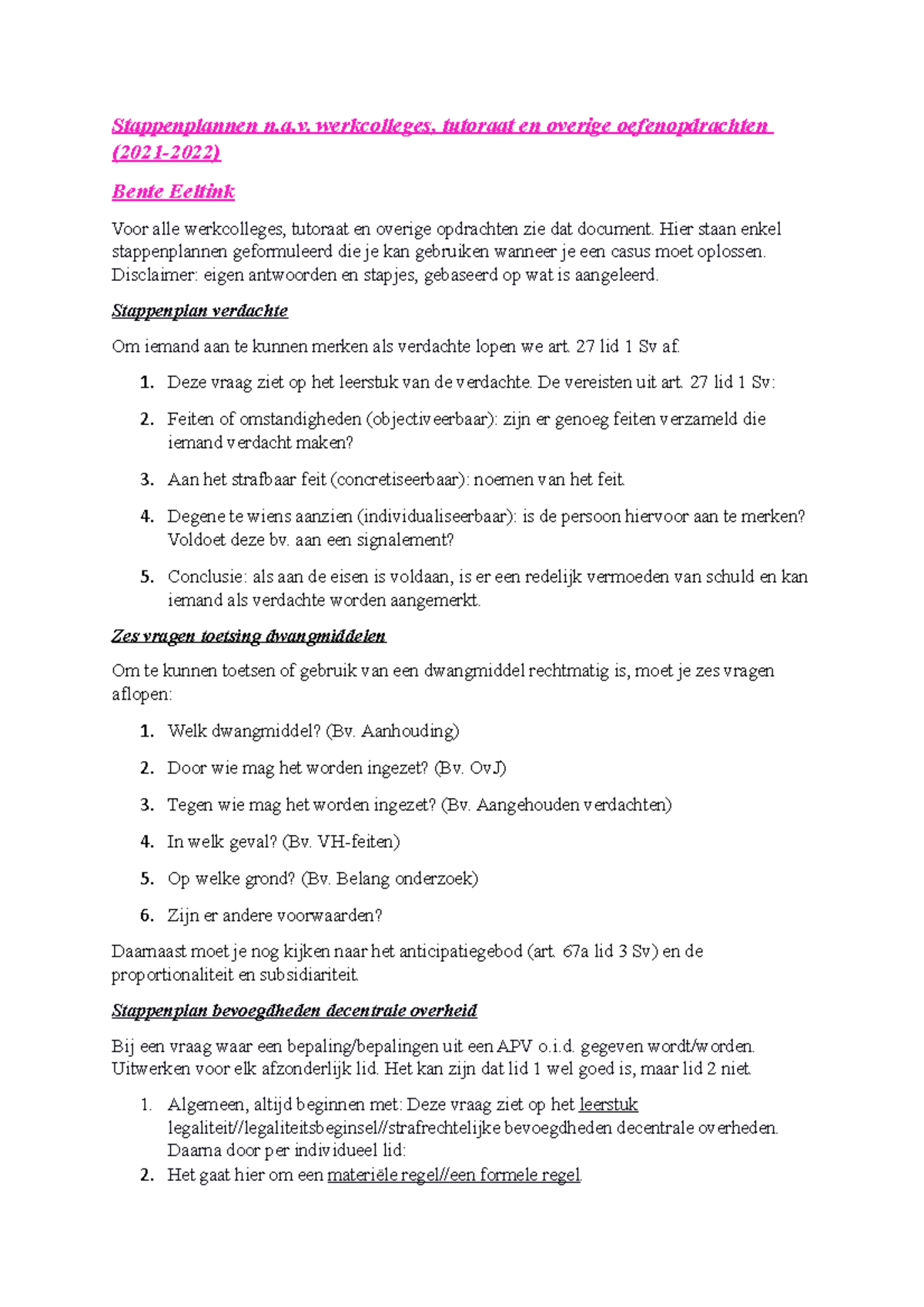 Strafrecht Stappenplannen 2021 - Stappenplannen N.a. Werkcolleges ...