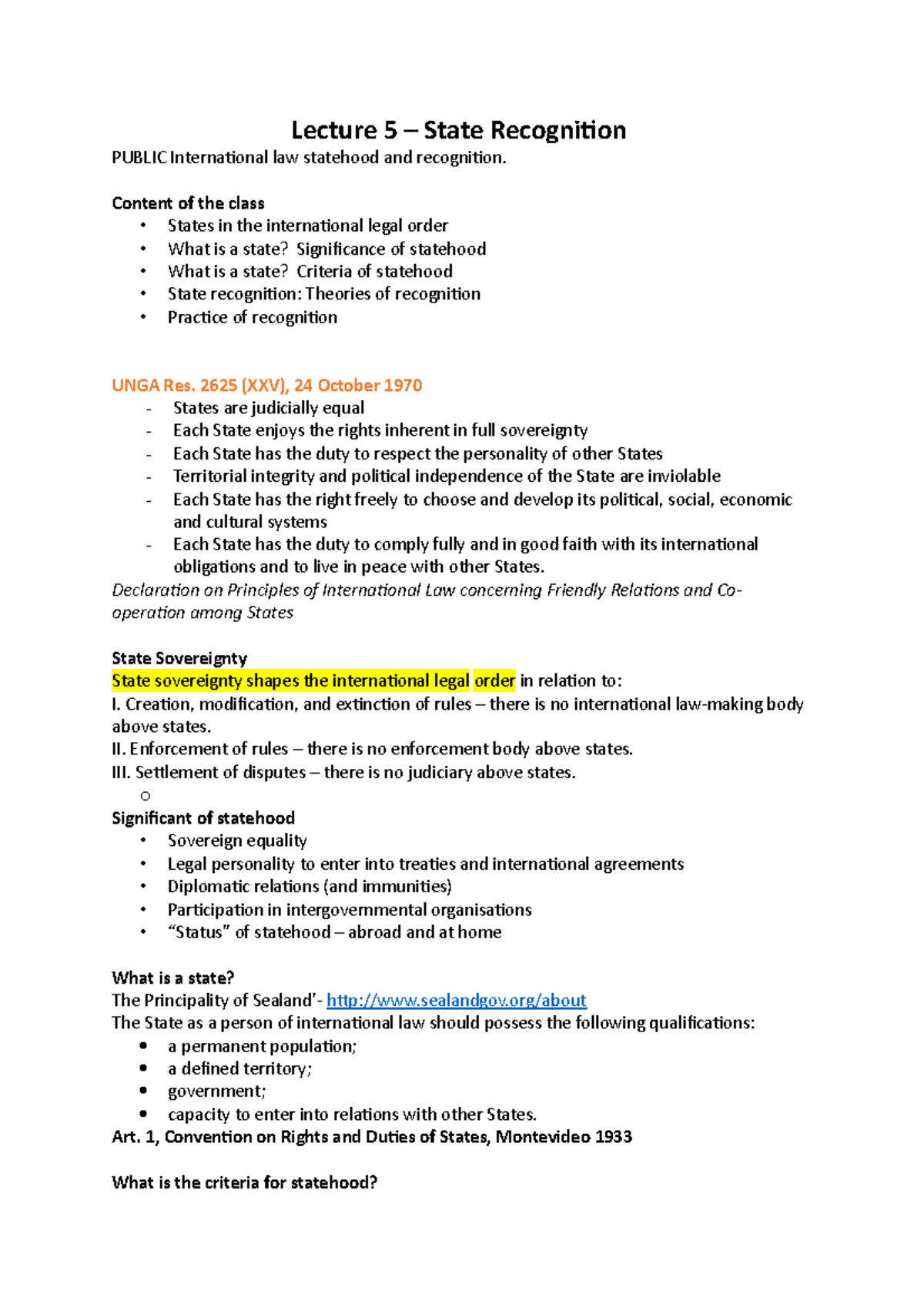 Lecture note for public international law - Lecture 5 – State ...