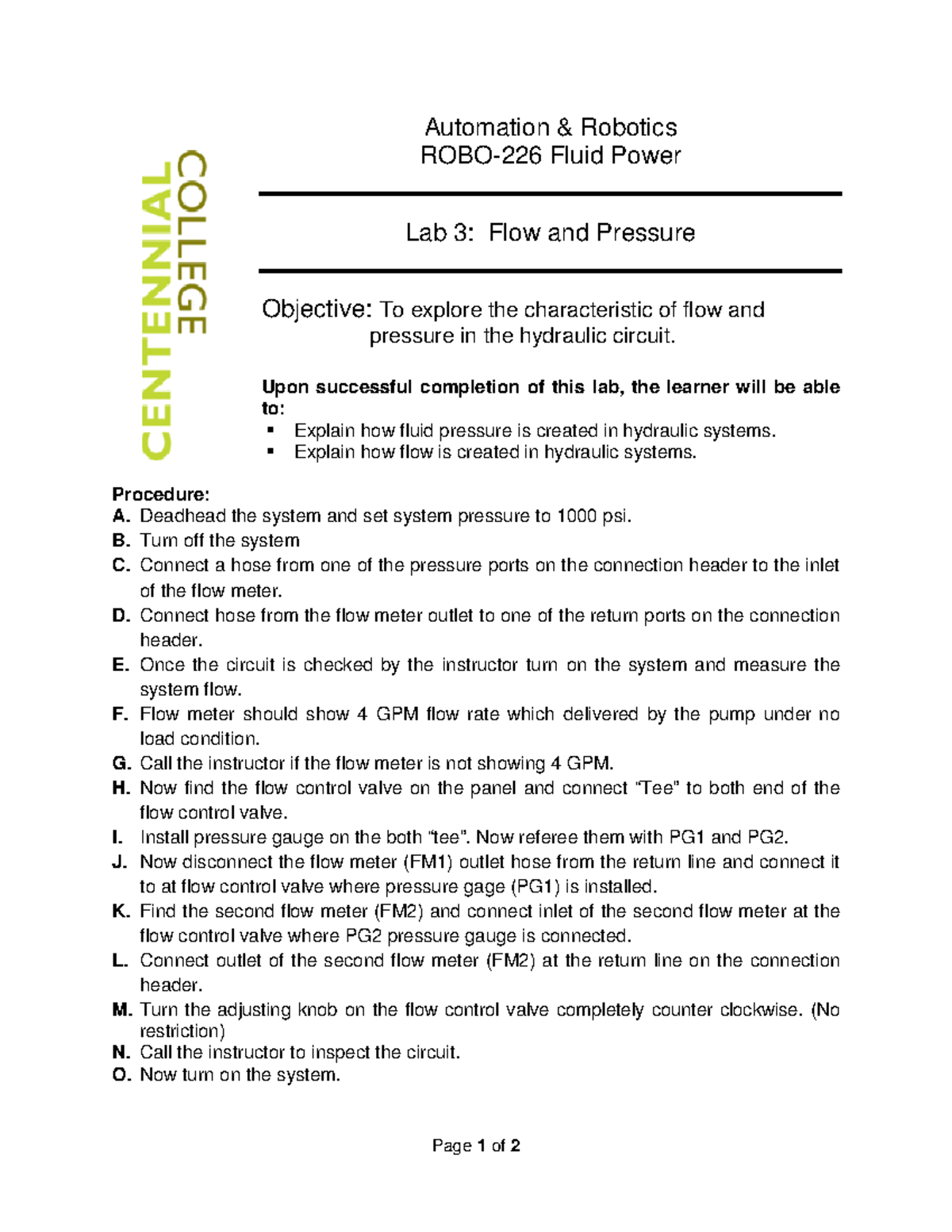 FLOW Pressure Page 1 of 2 Automation & Robotics ROBO226 Fluid Power