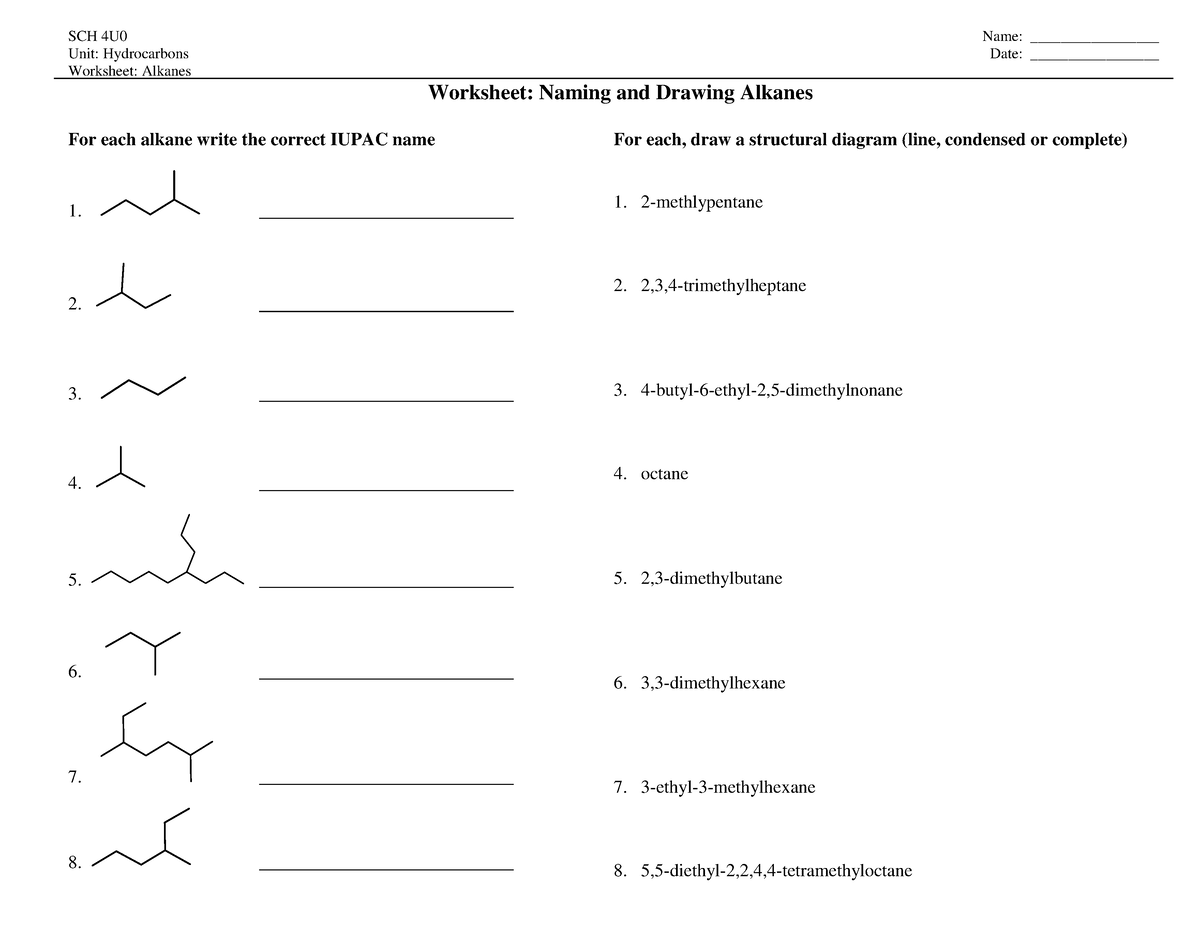 Drawing and Naming Alkanes SCH 4U0Unit HydrocarbonsWorksheet