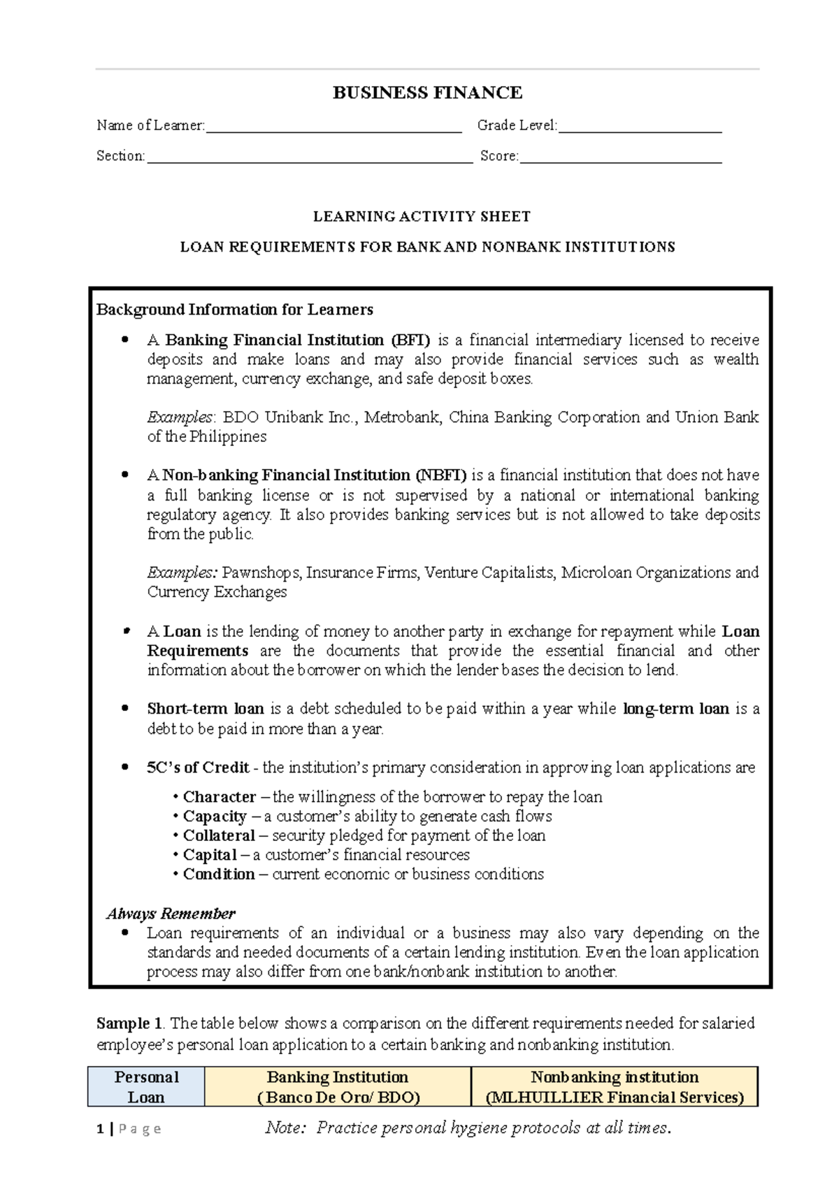 Final Q1 Week5 compareandcontrasttheloanrequirement BUSINESS