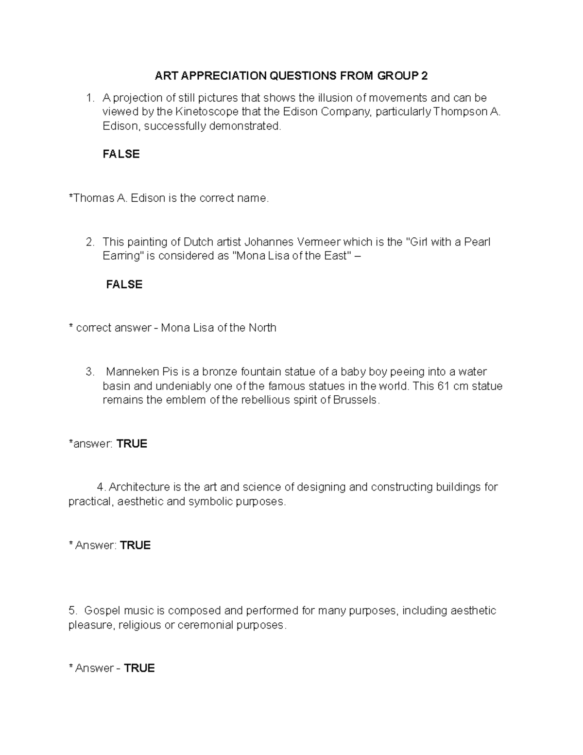 ART Appreciation Questions FROM Group 2 ART APPRECIATION QUESTIONS