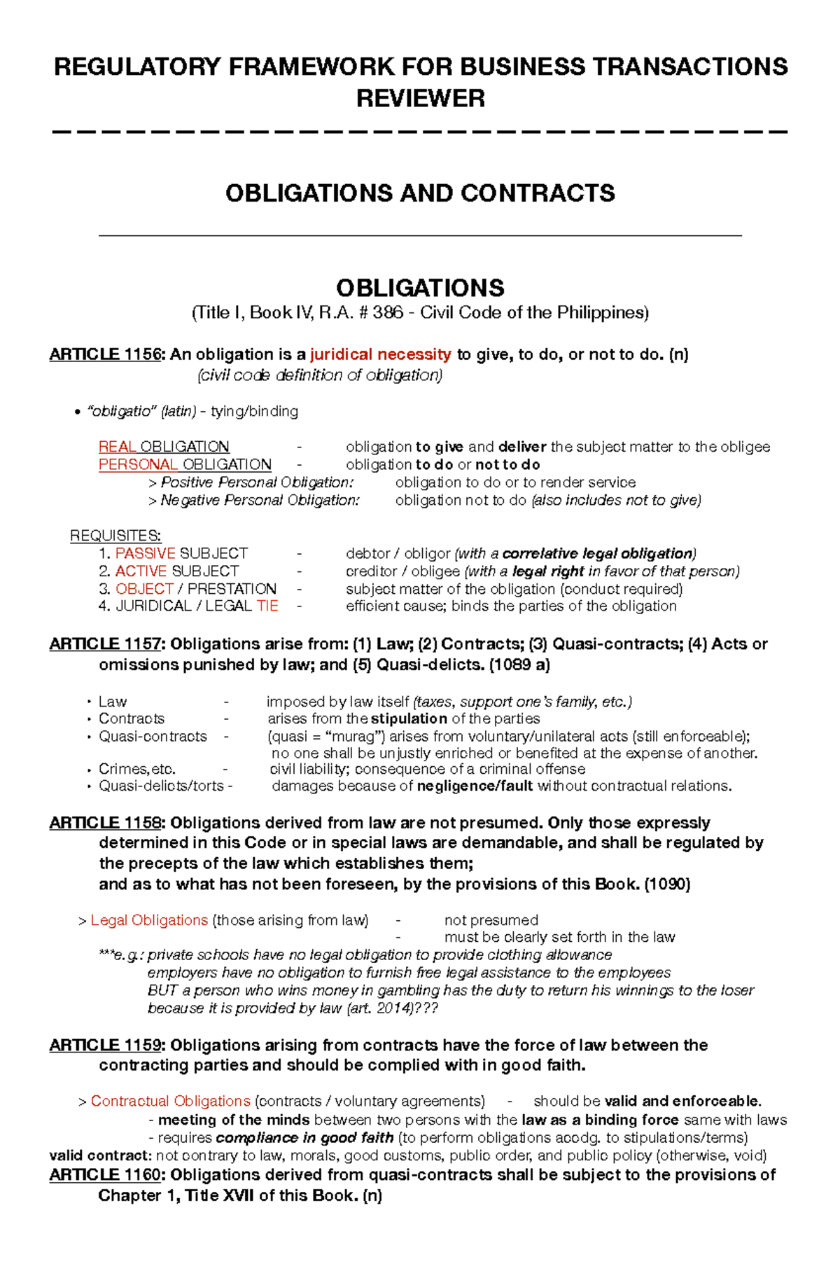 Regulatory Framework for Business Transactions Reviewer REGULATORY