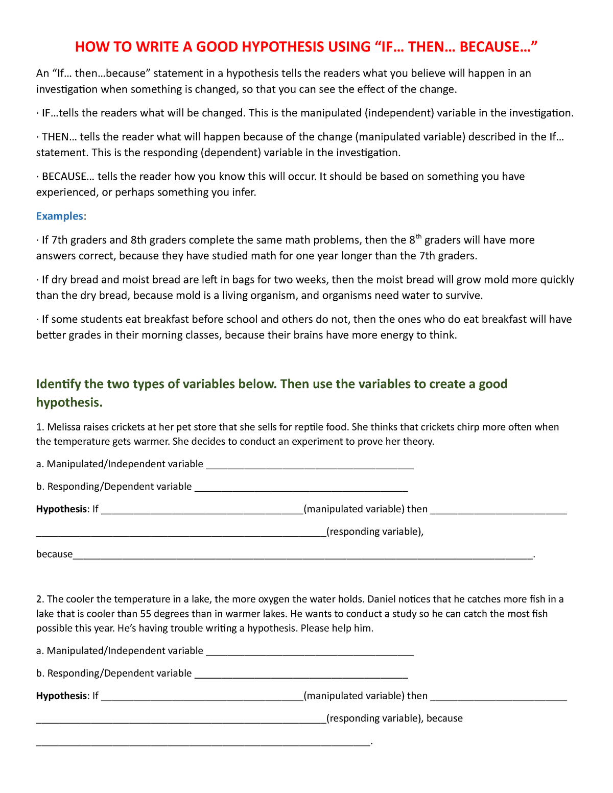 how to write a good hypothesis worksheet answer key