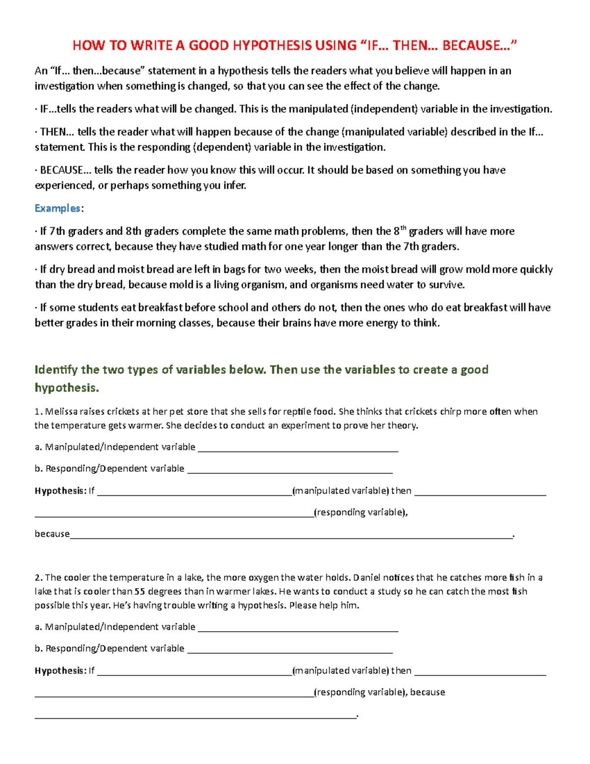 how to write a good hypothesis worksheet answer key