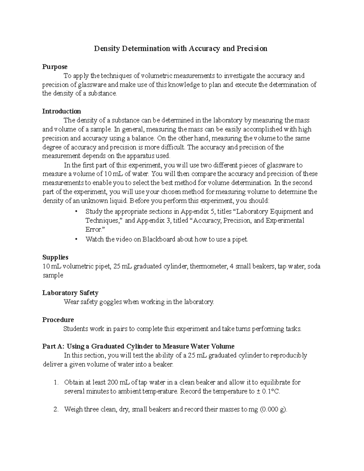 procedure experiment determination of the density of water