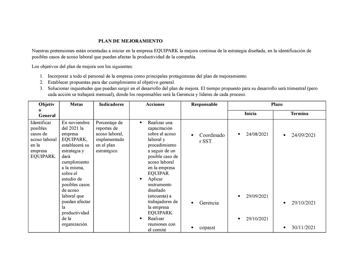 Plan De Mejoramiento Plan De Mejoramiento Nuestras Pretensiones Están Orientadas A Iniciar En 0911