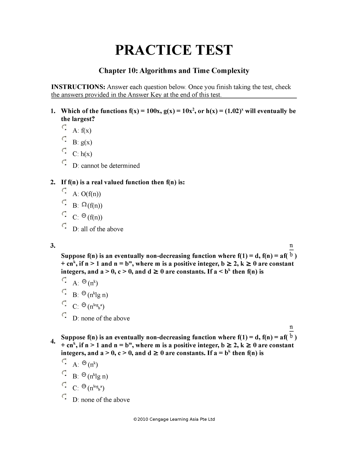 Algorithms And Time Complexity Practice Test - PRACTICE TEST Chapter 10 ...