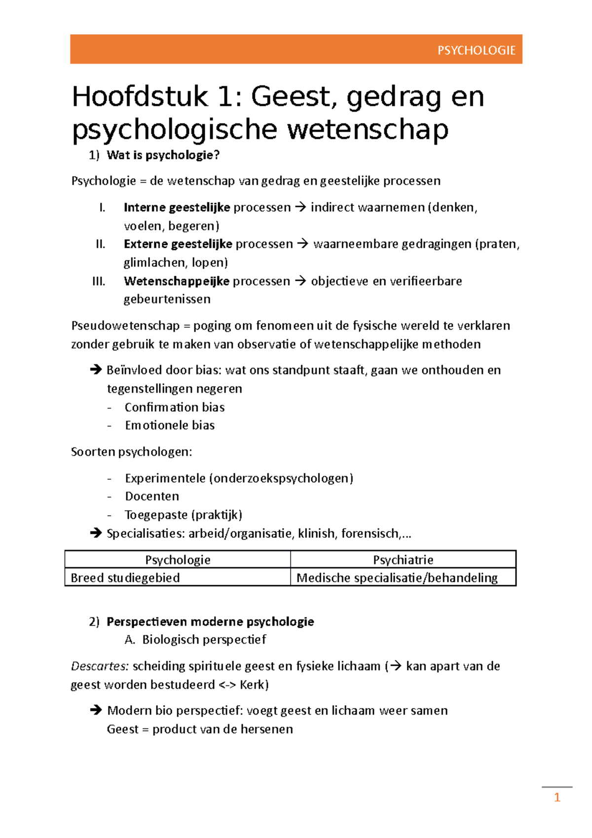 Psychologie - ... - Hoofdstuk 1: Geest, Gedrag En Psychologische ...