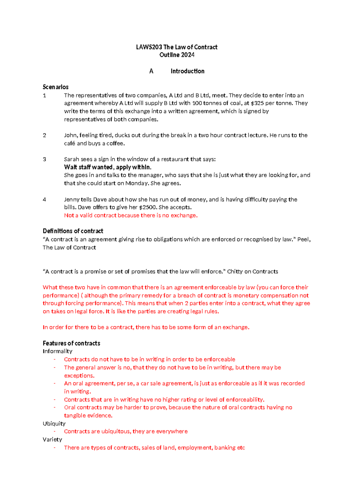A Introduction - LAWS203 The Law of Contract Outline 2024 A ...