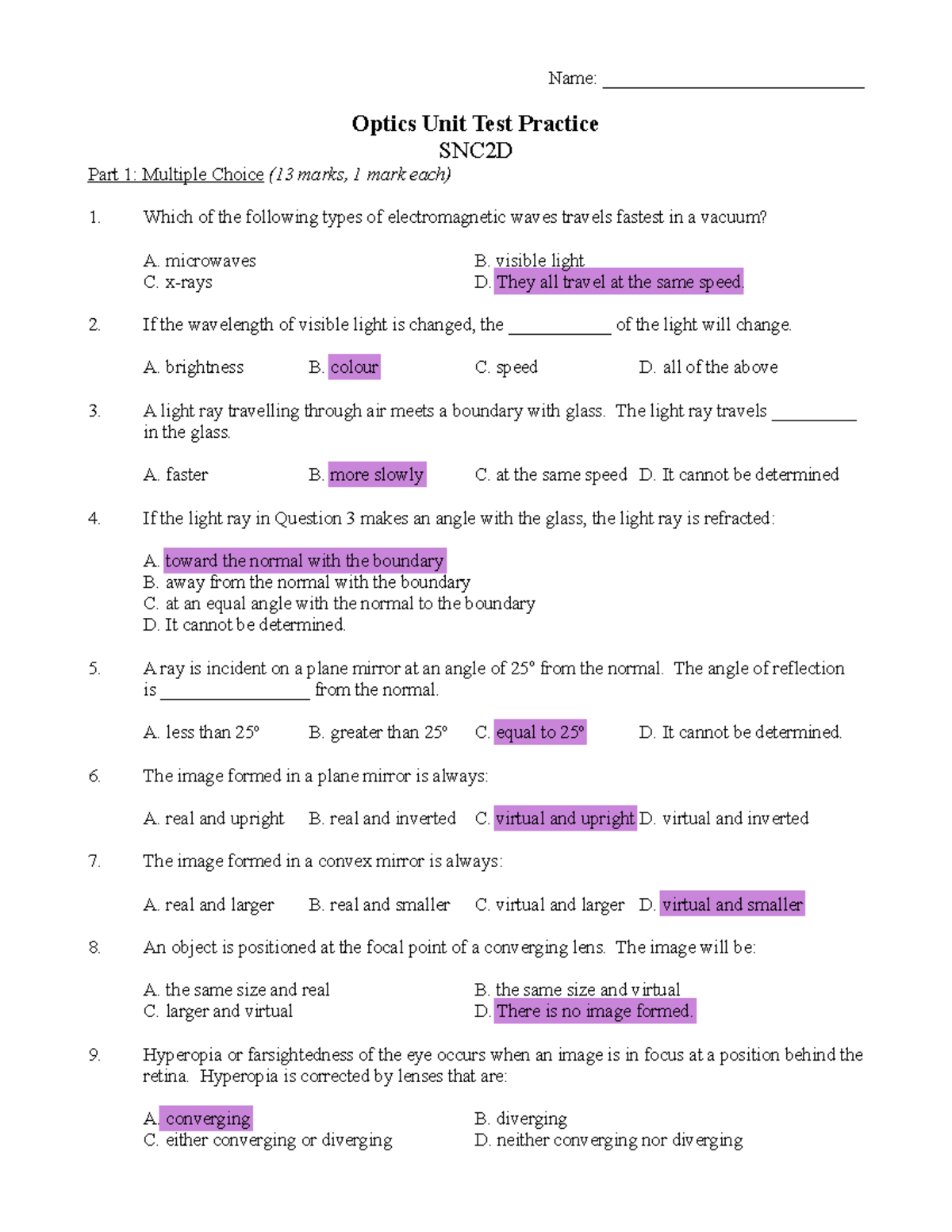 Light and Optics practice test SNC2D Name