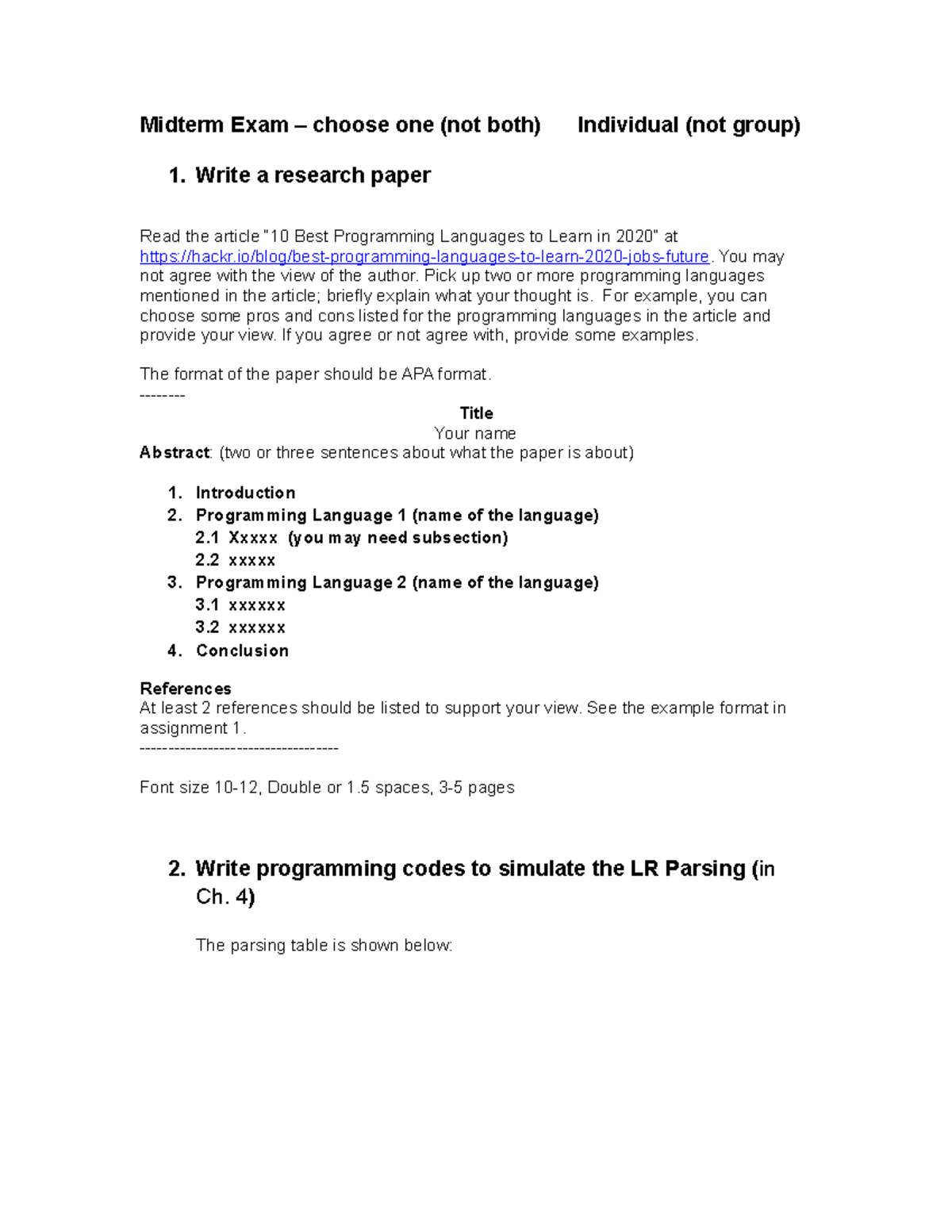 Midterm Exam - This will repeat very year - Midterm Exam – choose one ...