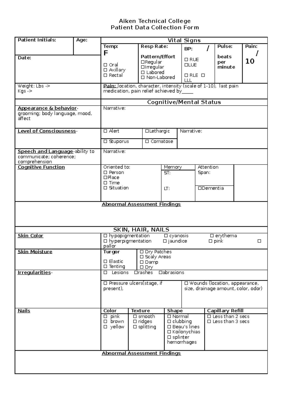 Patient Data Collection Form - Aiken Technical College Patient Data ...