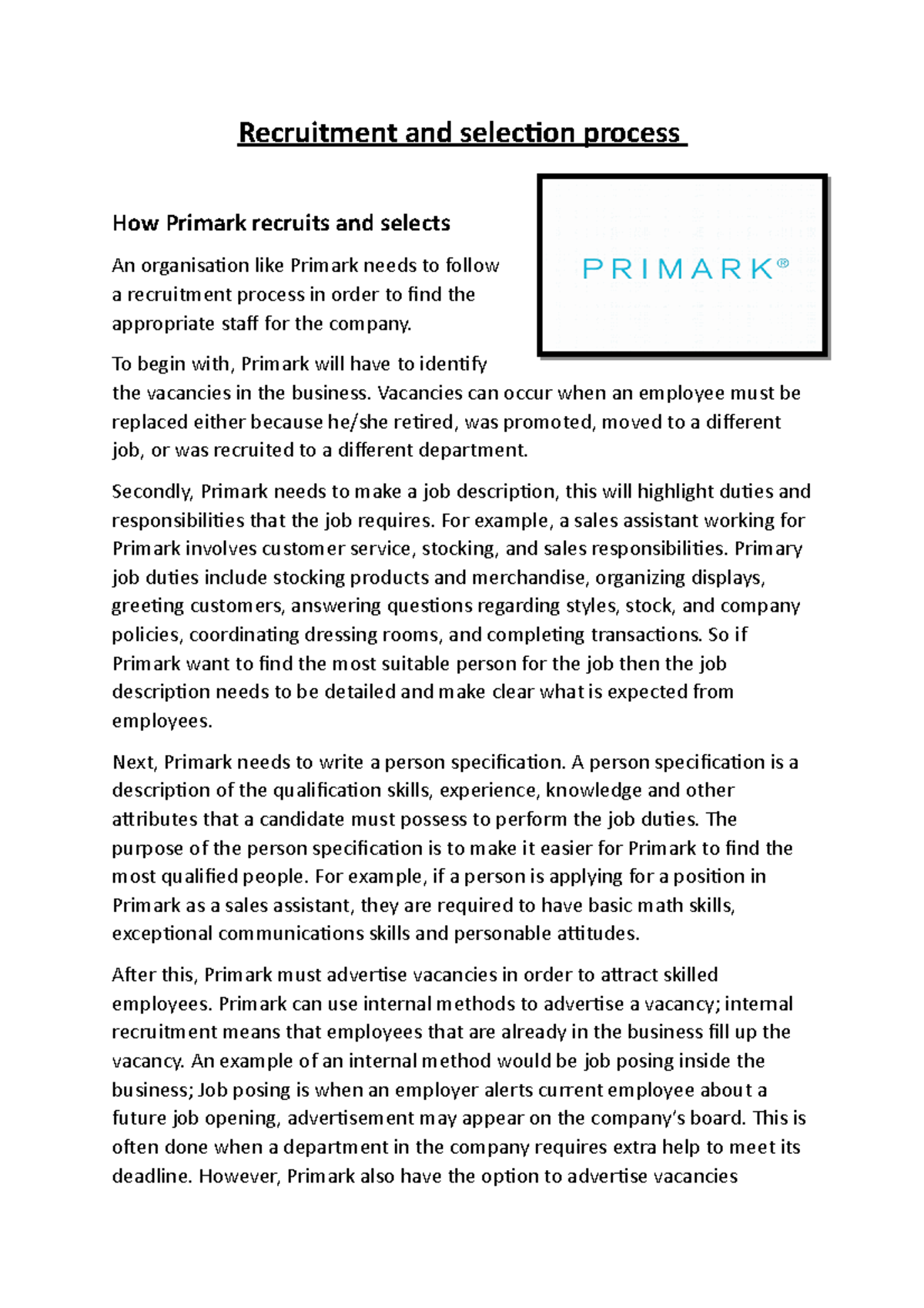 Business assignment 2 Recruitment and selecion process How Primark