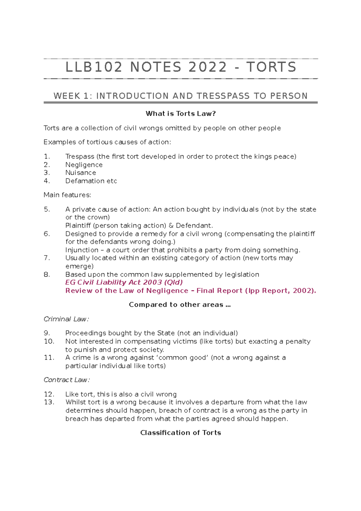 LLB102 Lecture Notes - L L B 1 0 2 N O T E S 2 0 2 2 - T O RT S WEEK 1 ...