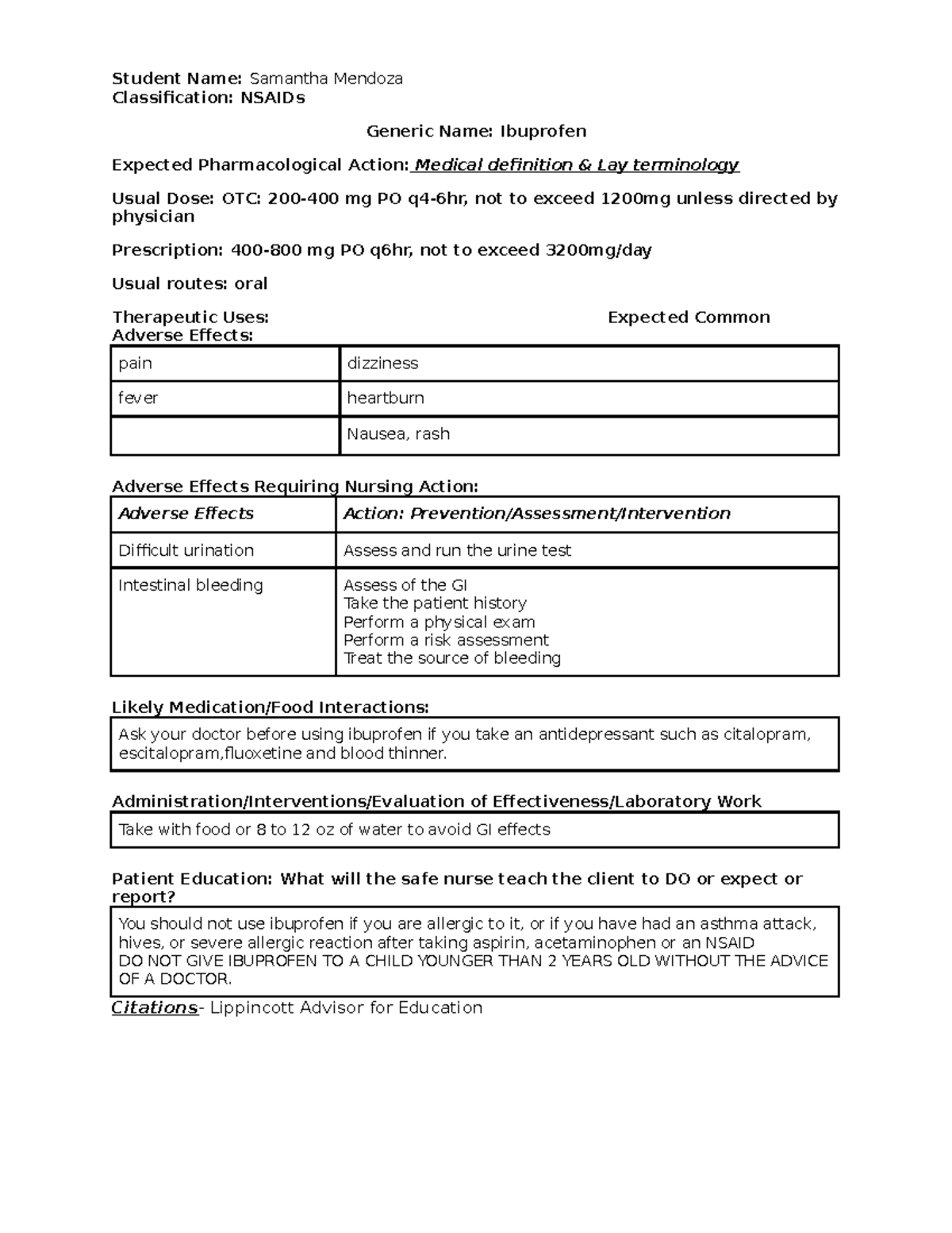 Ibuprofen Student Name Samantha Mendoza Classification NSAIDs