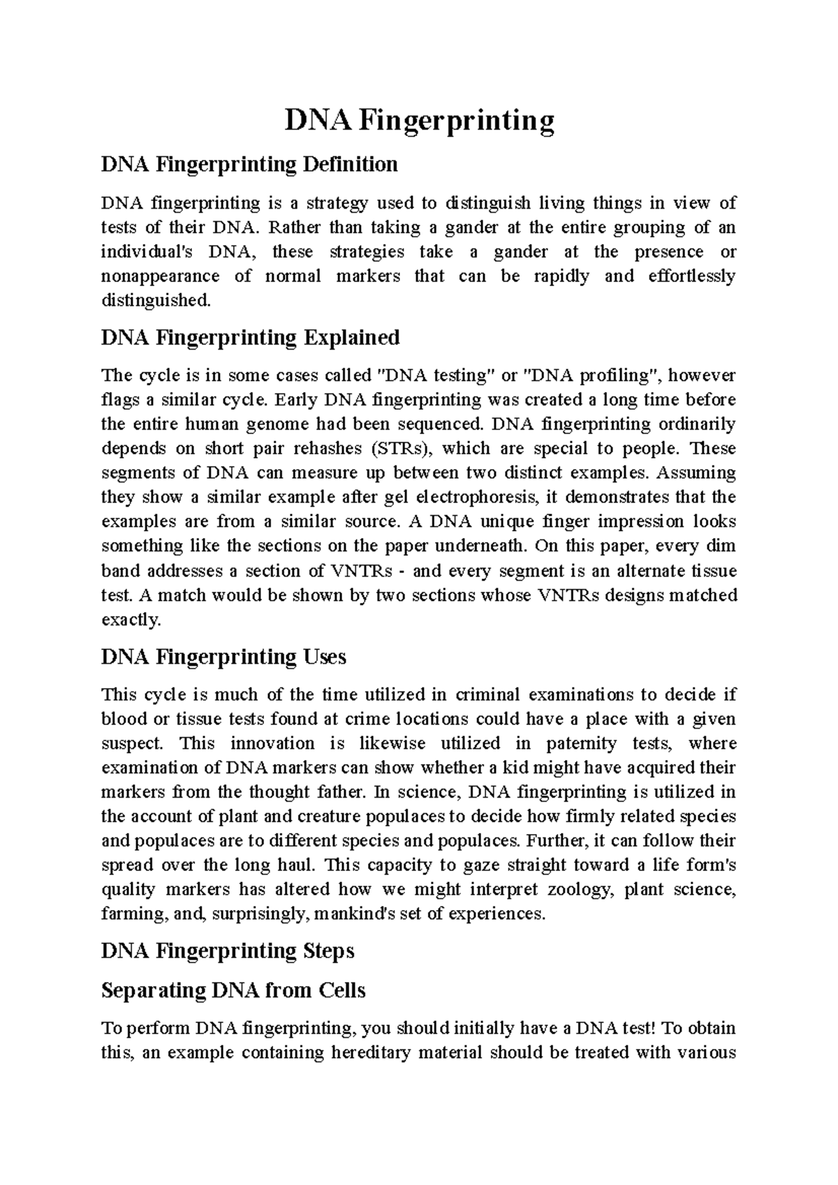 DNA Fingerprinting DNA Fingerprinting DNA Fingerprinting Definition