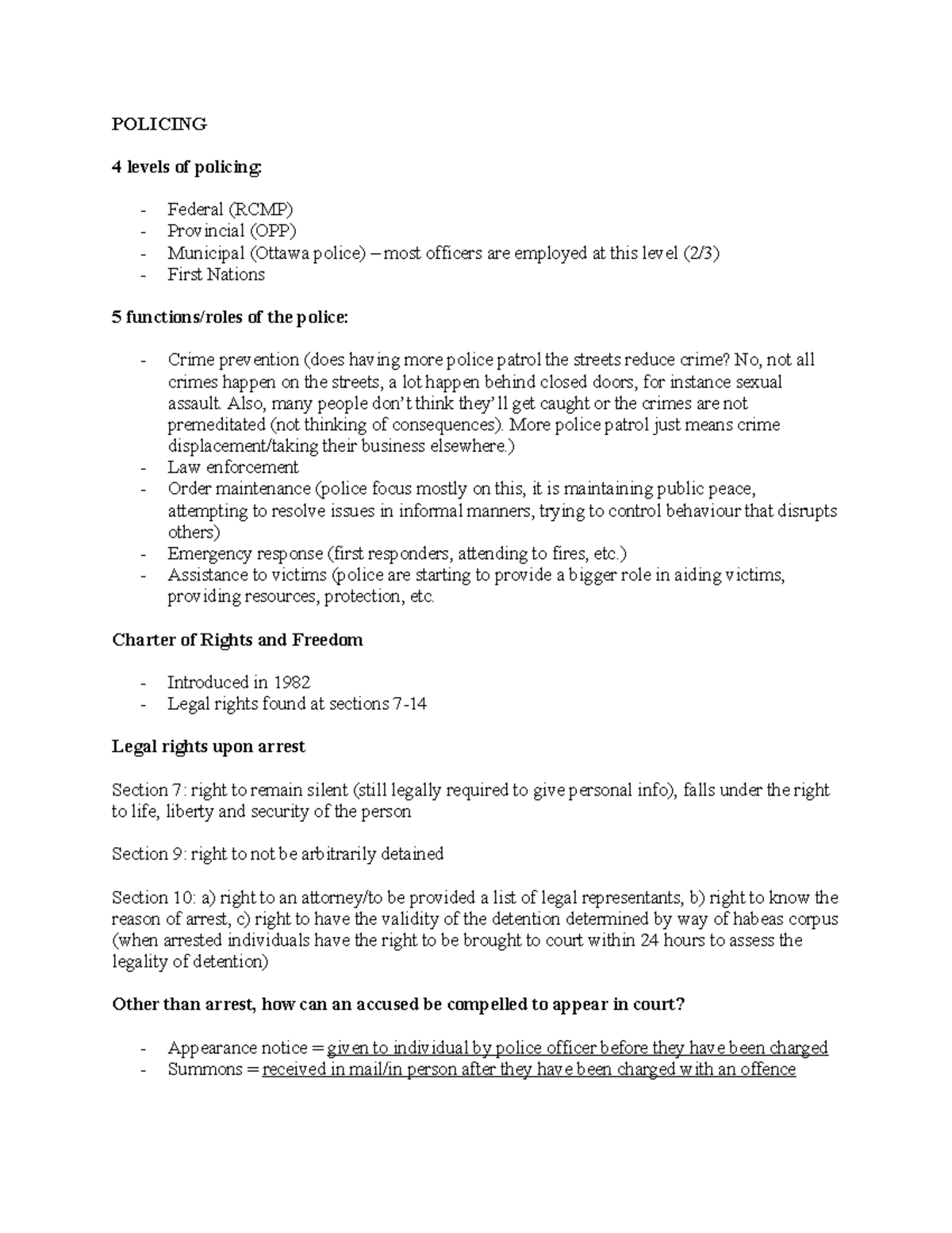 CRM midterm #2 notes - POLICING 4 levels of policing: - Federal (RCMP ...
