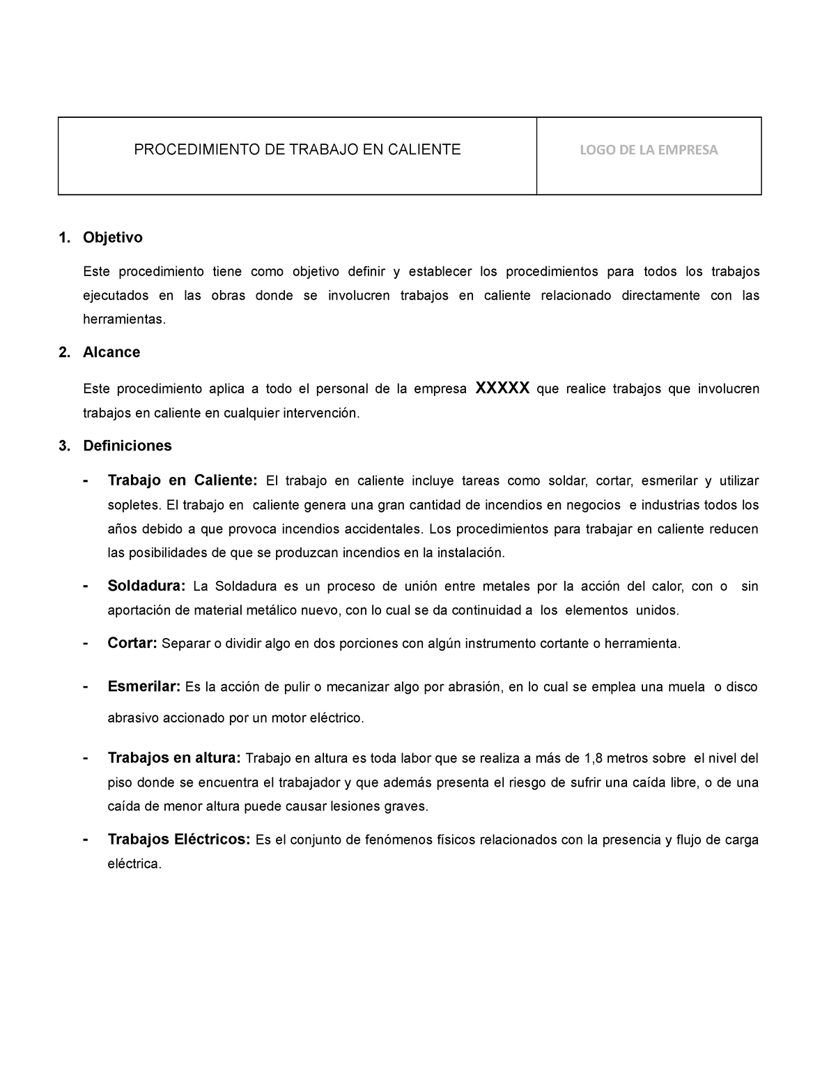 Procedimiento DE Trabajos EN Caliente - PROCEDIMIENTO DE TRABAJO EN ...