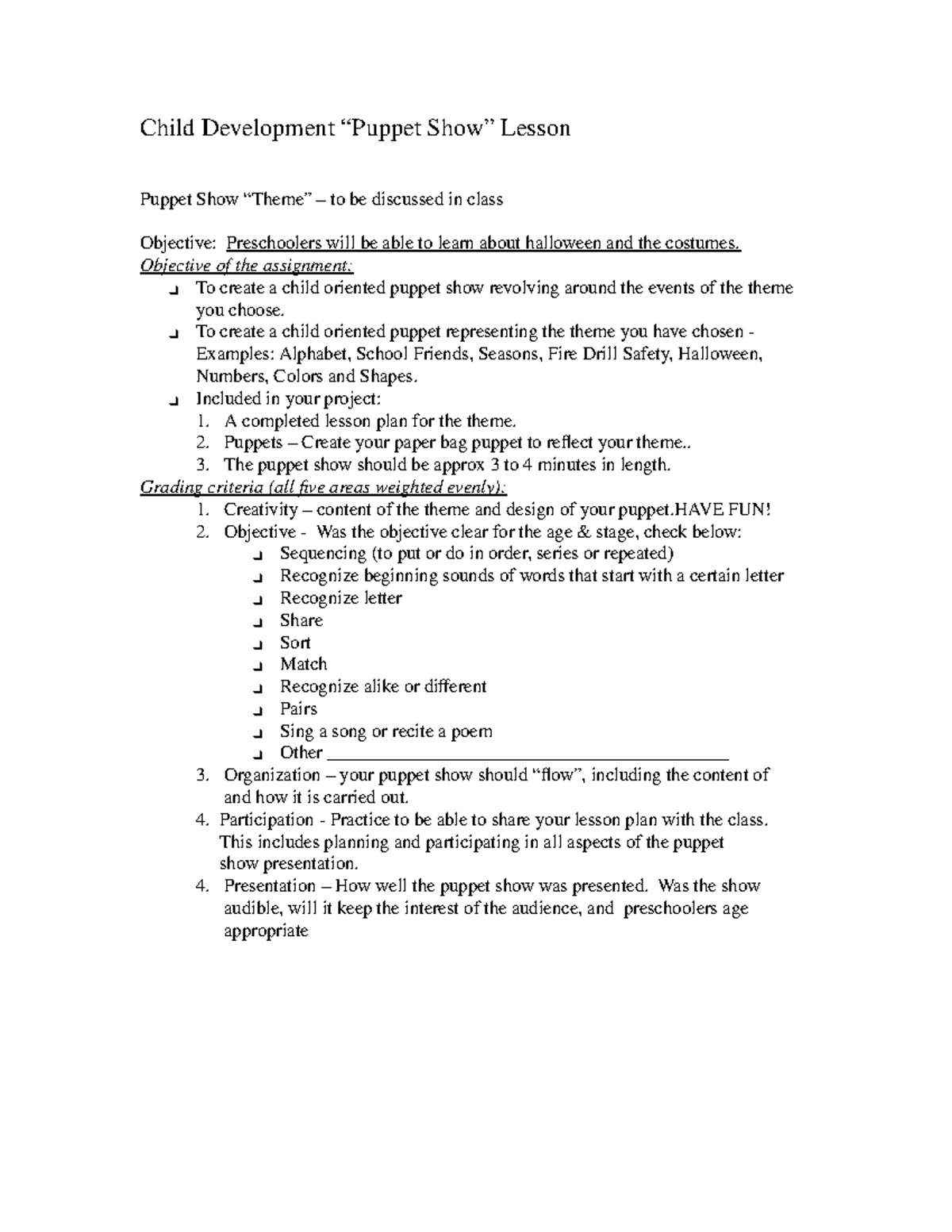 CD Puppet Show lesson Rubric & Plan NEW Child Development “Puppet