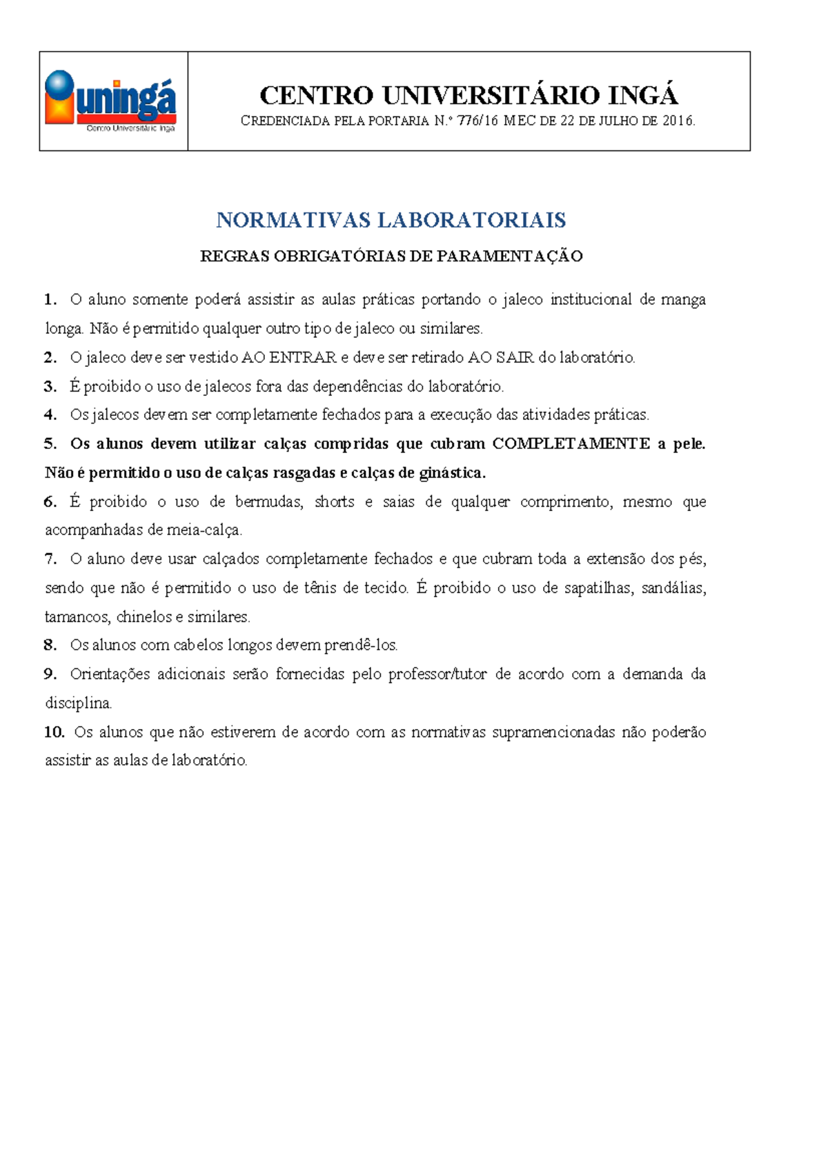 Normas PARA AULA Prática - CENTRO UNIVERSITÁRIO INGÁ CREDENCIADA PELA ...