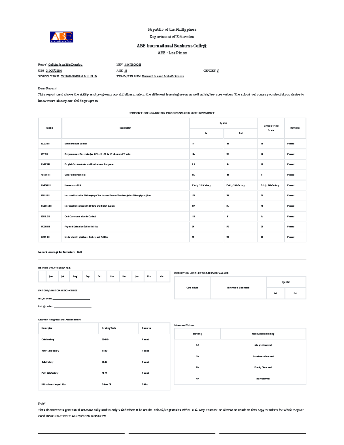 Grade Slip SHS (2) Nothing NameGalicia, Jean Ria Decalao. USN