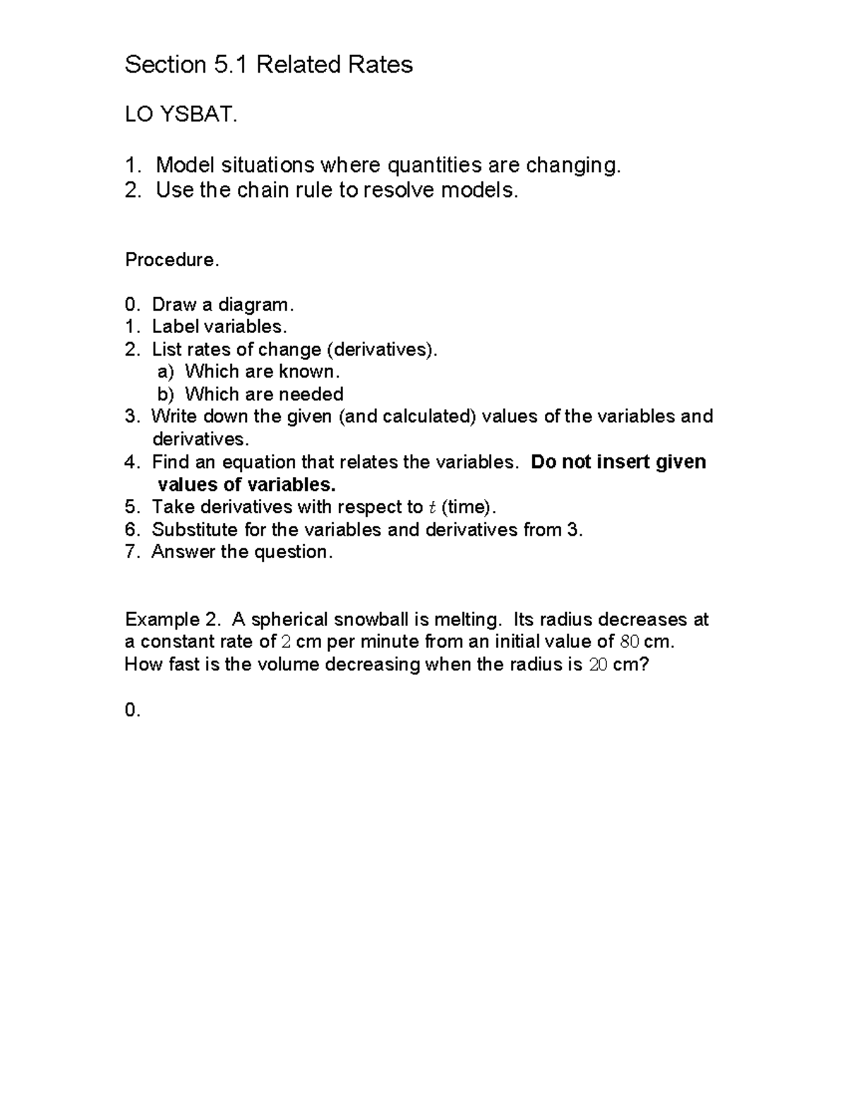 Section 5.1 Outline Notes - Section 5 Related Rates LO YSBAT. 1. Model ...