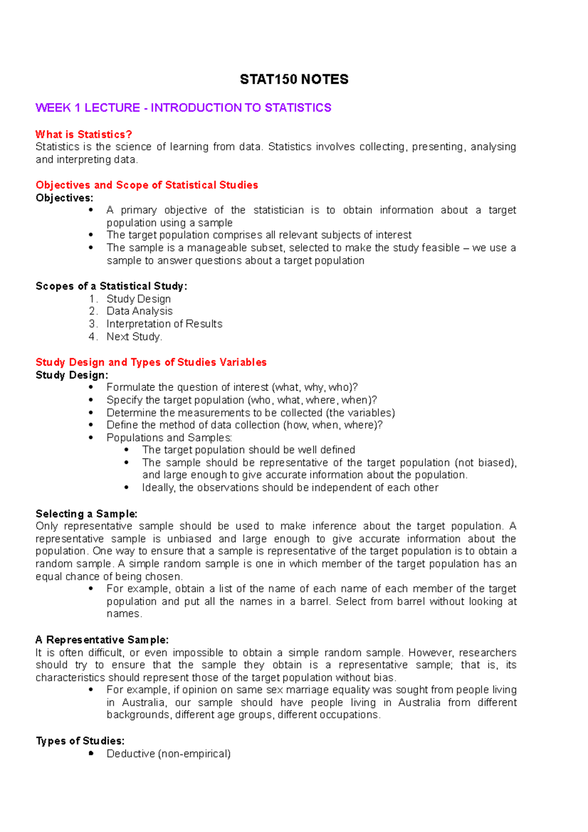 STAT150 Notes Weeks 1-8 - STAT150 NOTES WEEK 1 LECTURE INTRODUCTION TO ...