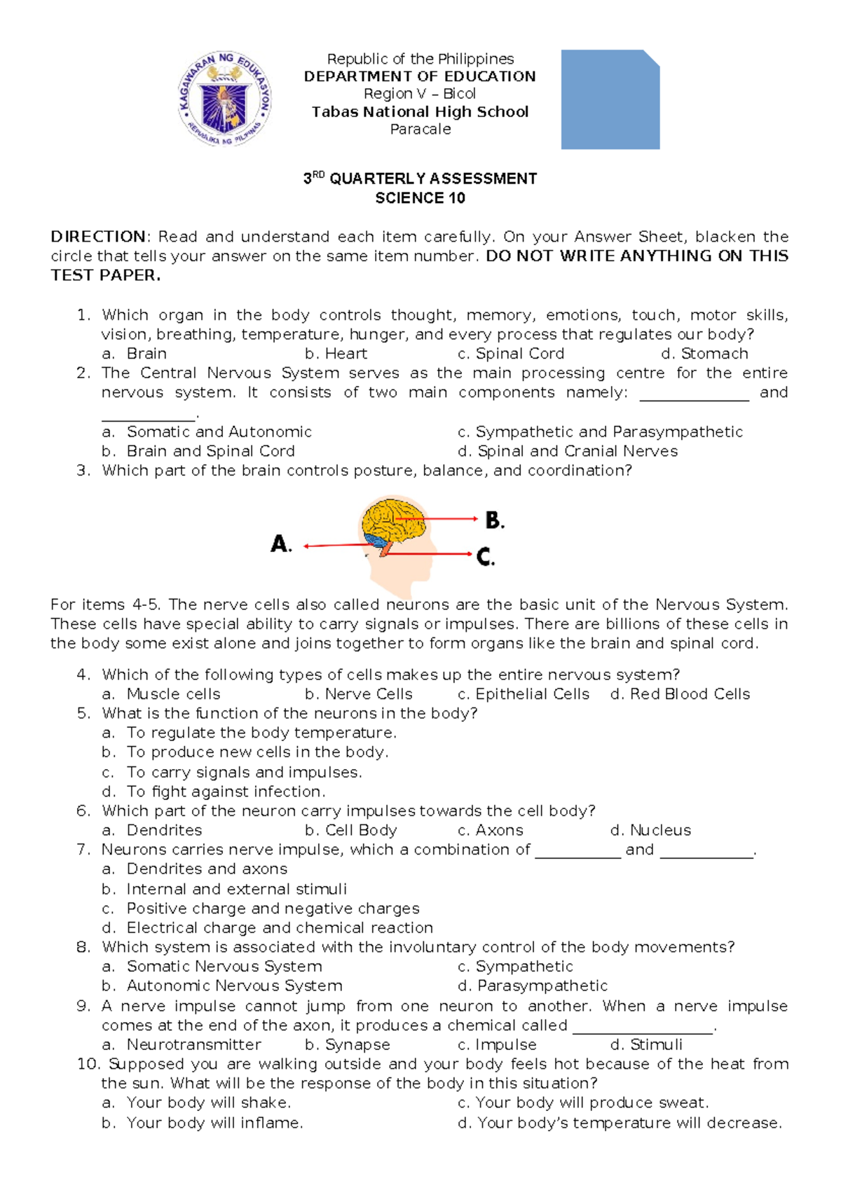 Science 10 -Quarter 3 Exam - Republic Of The Philippines DEPARTMENT OF ...