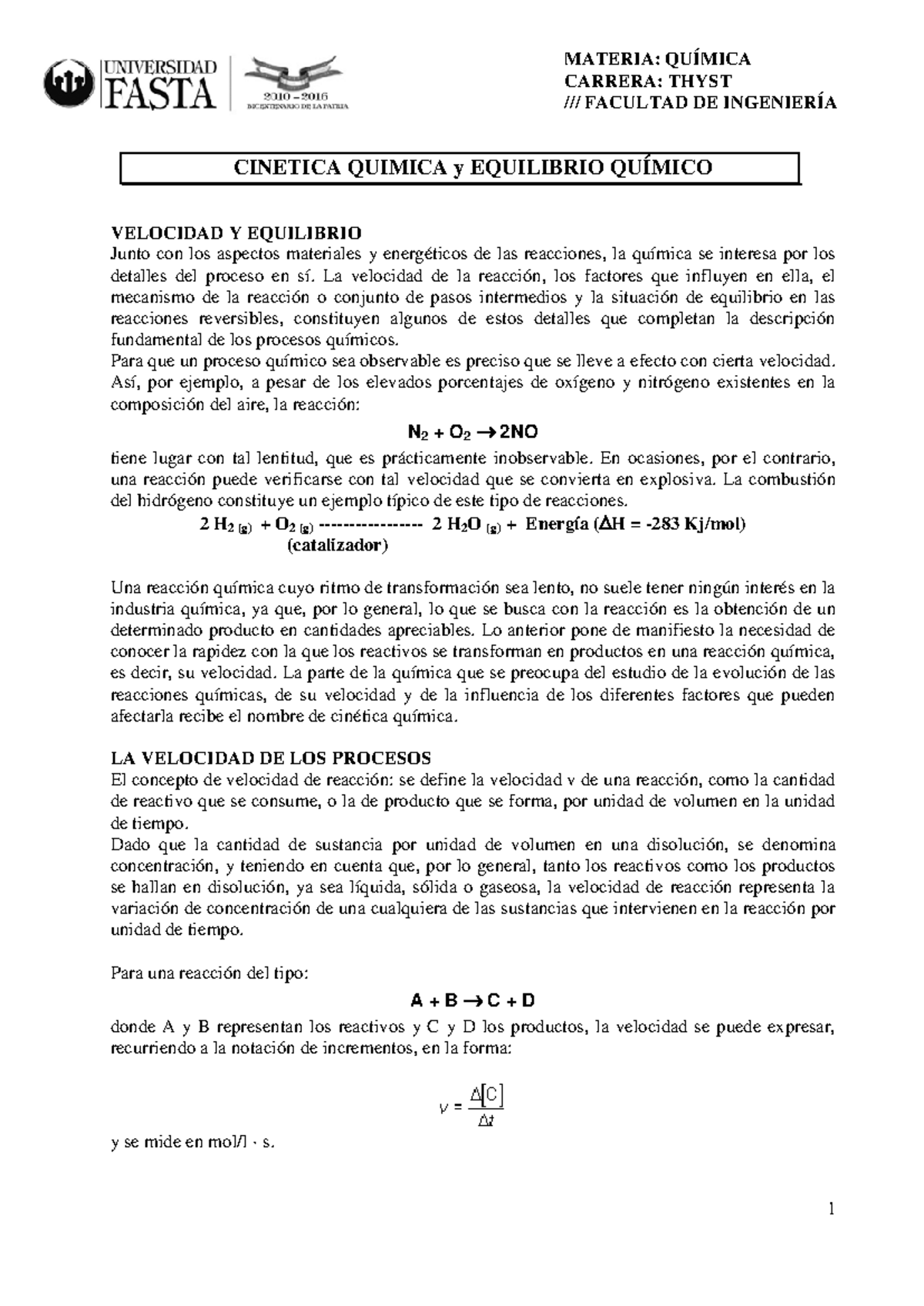 Unidad 7 Teoría - Cinética y equilibrio Químico - CARRERA: THYST ...