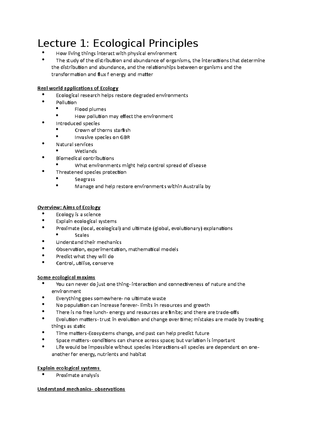 Ecology Lecture Notes - Lecture 1: Ecological Principles How living ...