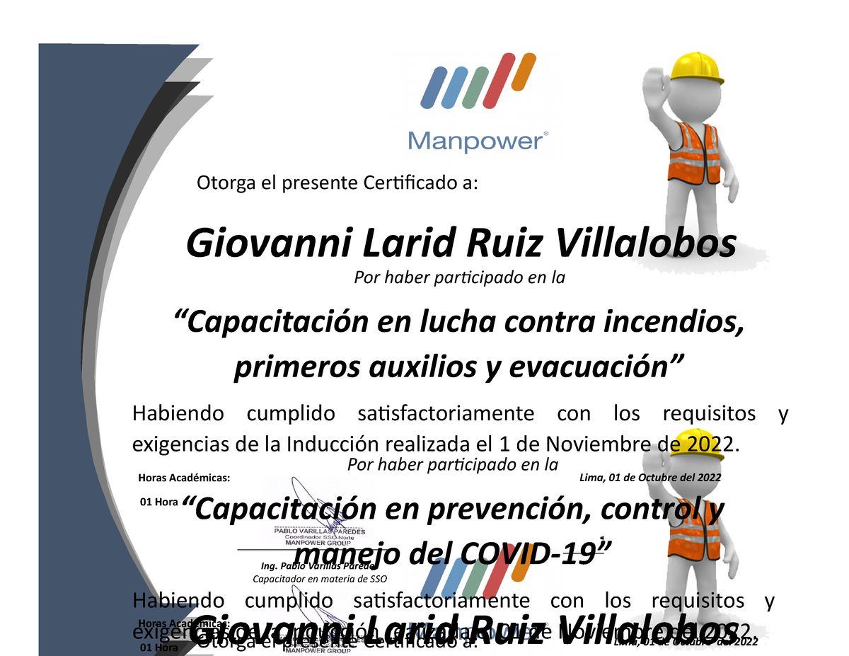 Certificado de capacitacion Larid - Jhon Huaman Lopez Supervisor de SSO  Ing. Pablo Varillas Paredes - Studocu