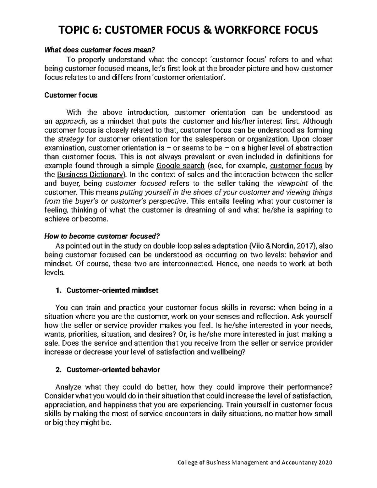 Topic 6 Customer Focus Workforce Focus - Copy FOR Students - What does ...