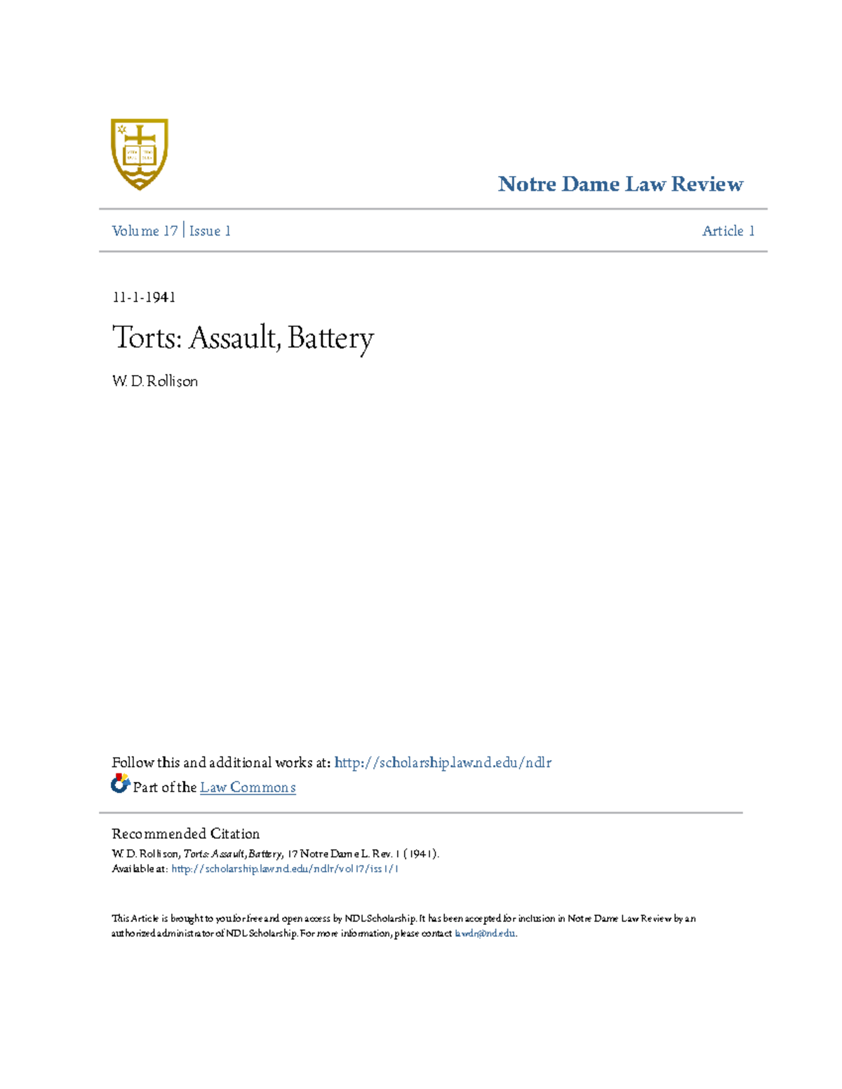 Torts Assault Battery - Notre Dame Law Review Volume 17 | Issue 1 ...