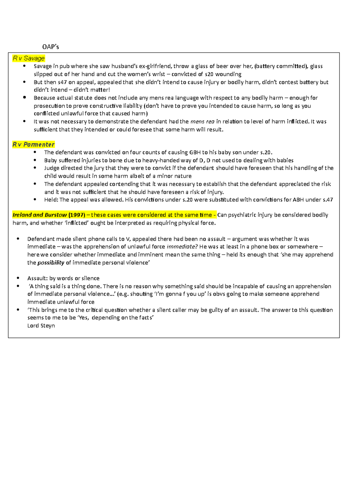 OAP All cases for offences against the person as set OAP’s R v