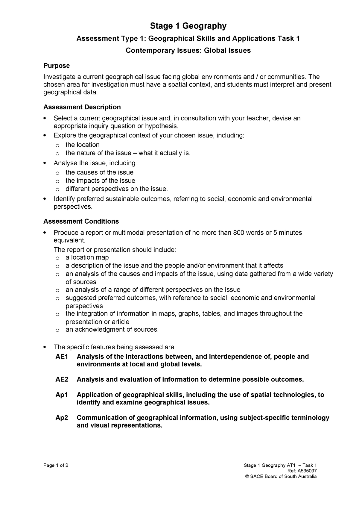 Task 1 - Geographical Inquiry - Stage 1 Geography Assessment Type 1 ...