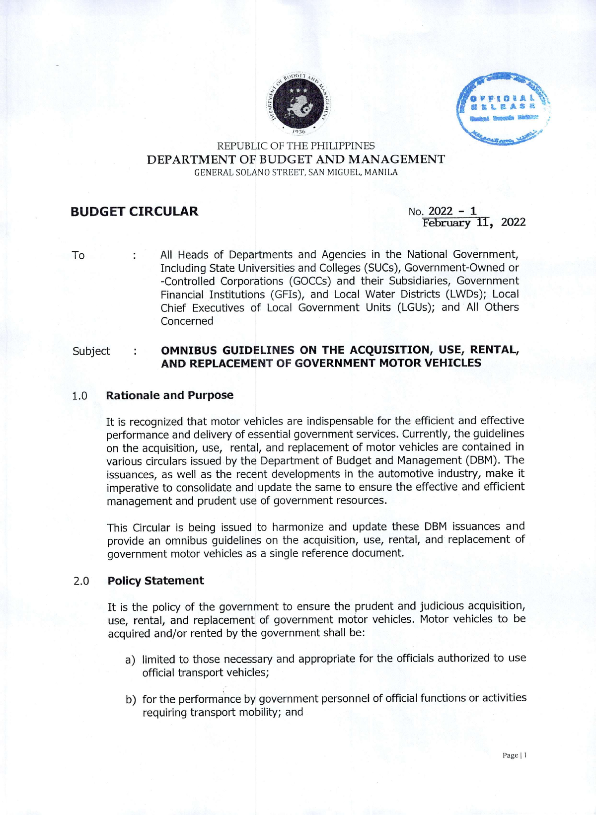 DBM Budget- Circular-NO-2022-1 - 1 REPUBLIC OF THE PHILIPPINES ...